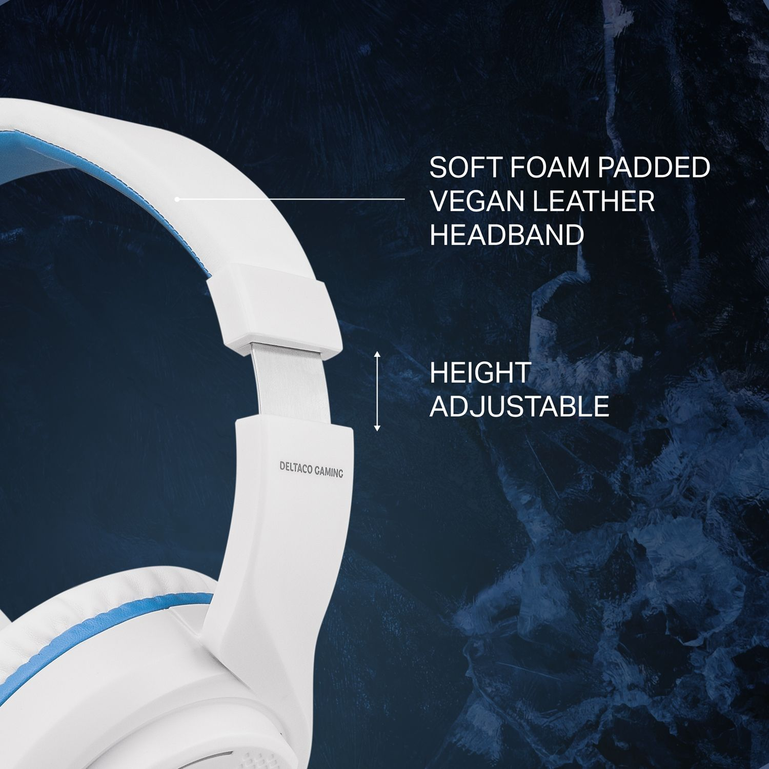 Weißes Headset mit blauer Zierleiste. Weiches, verstellbares Kopfband.