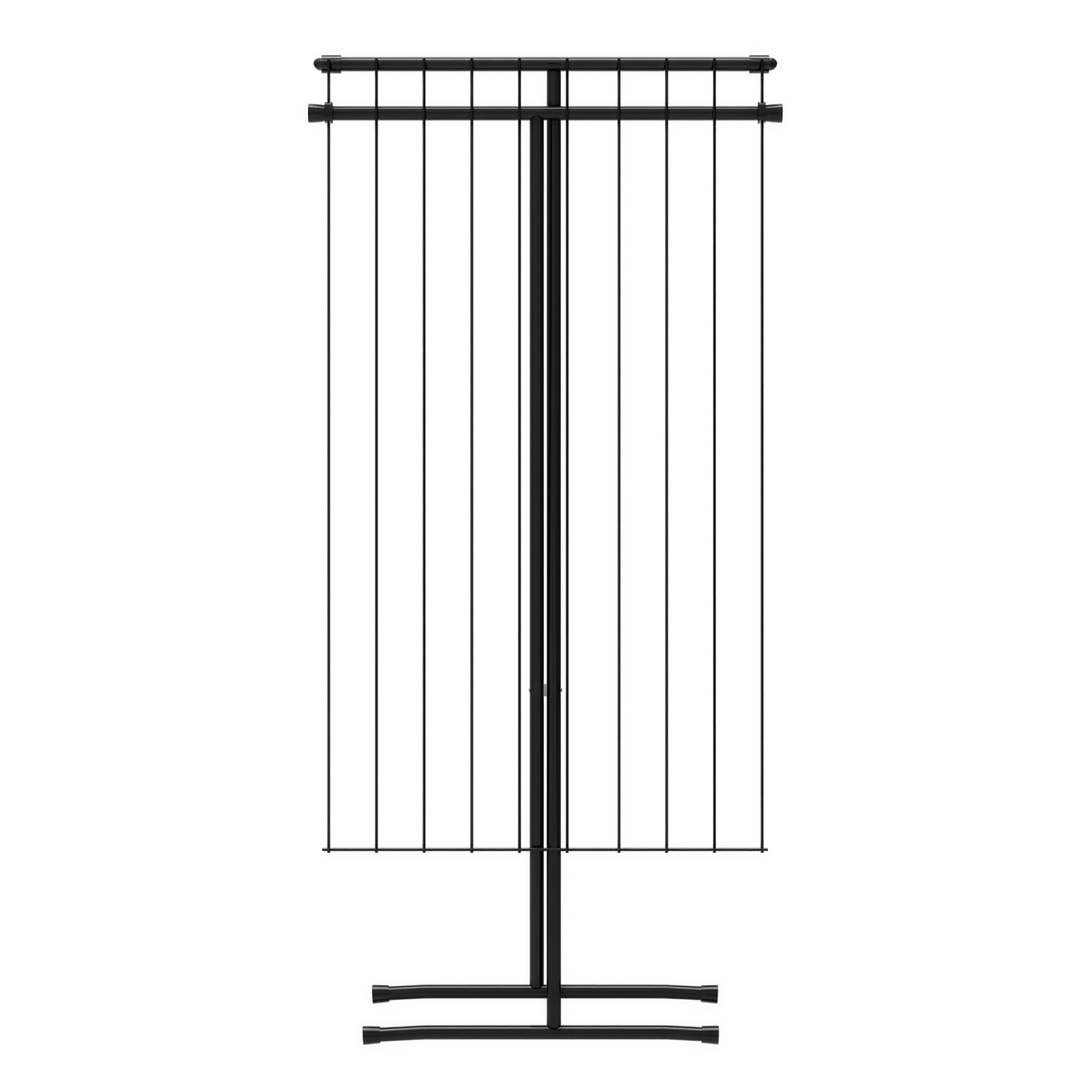 A black, vertical clothes drying rack with thin cords on a white background.