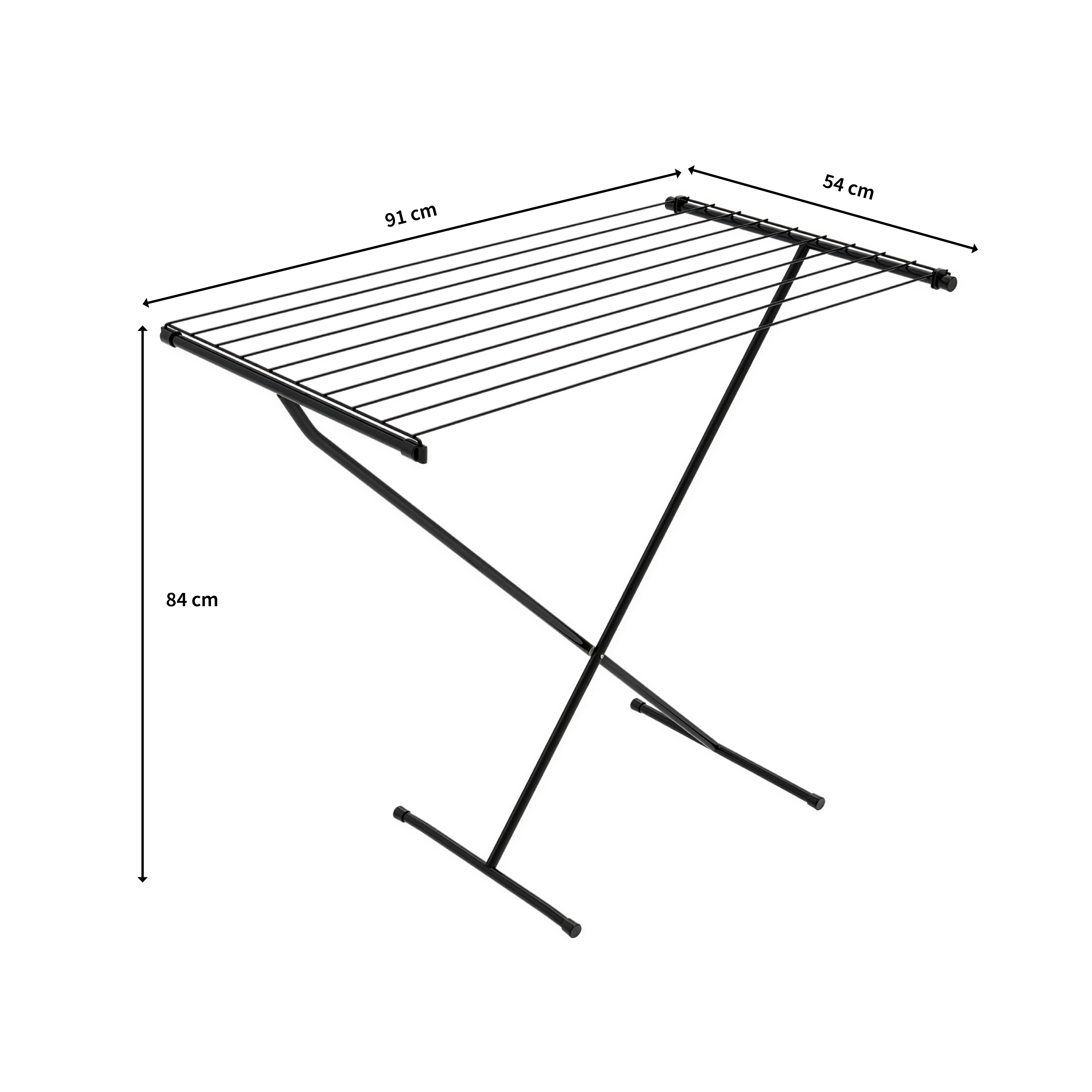A black clothes drying rack with dimensions 91x54x84 cm.