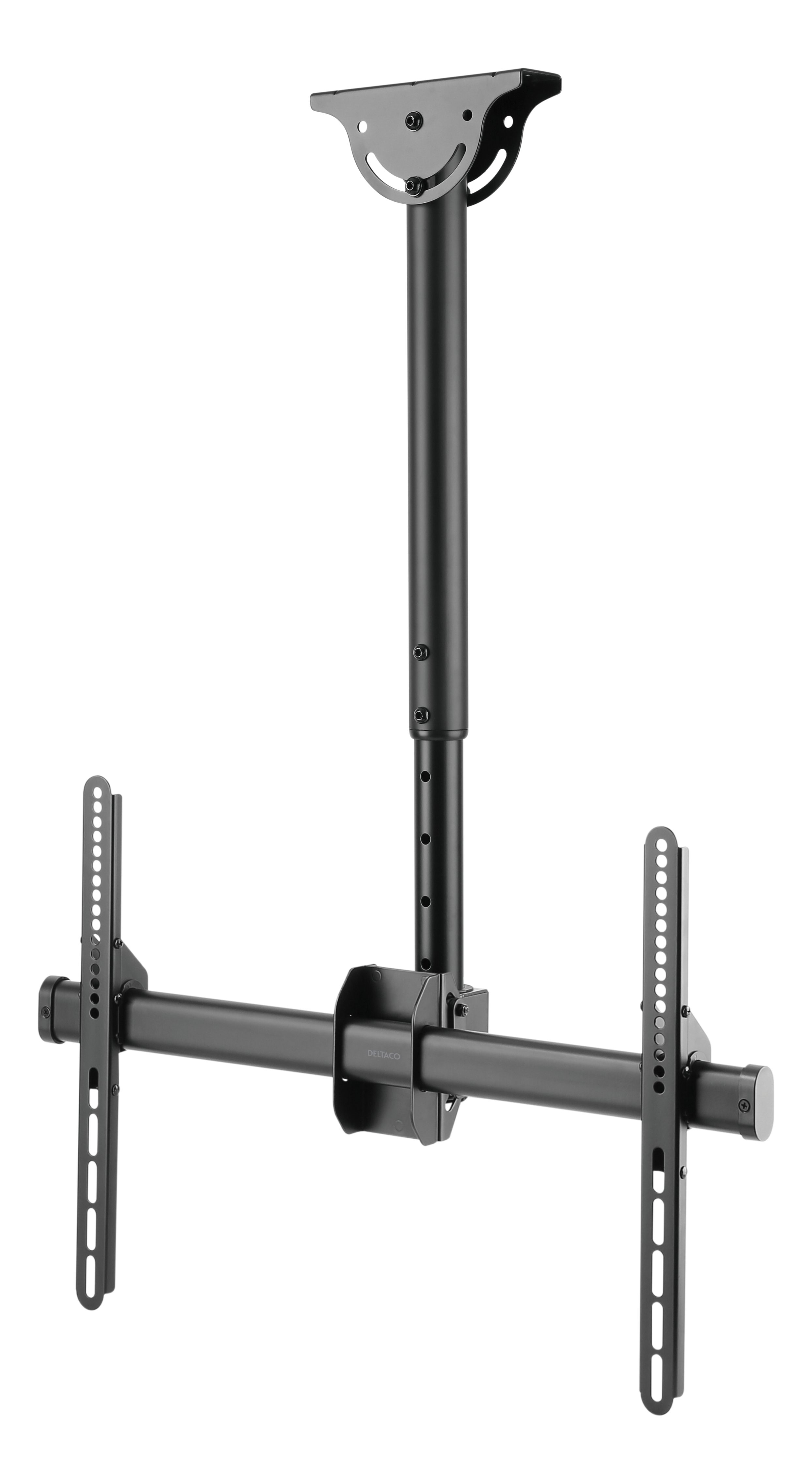 Zwarte tv-plafondbeugel met verstelbare arm en VESA-platen.