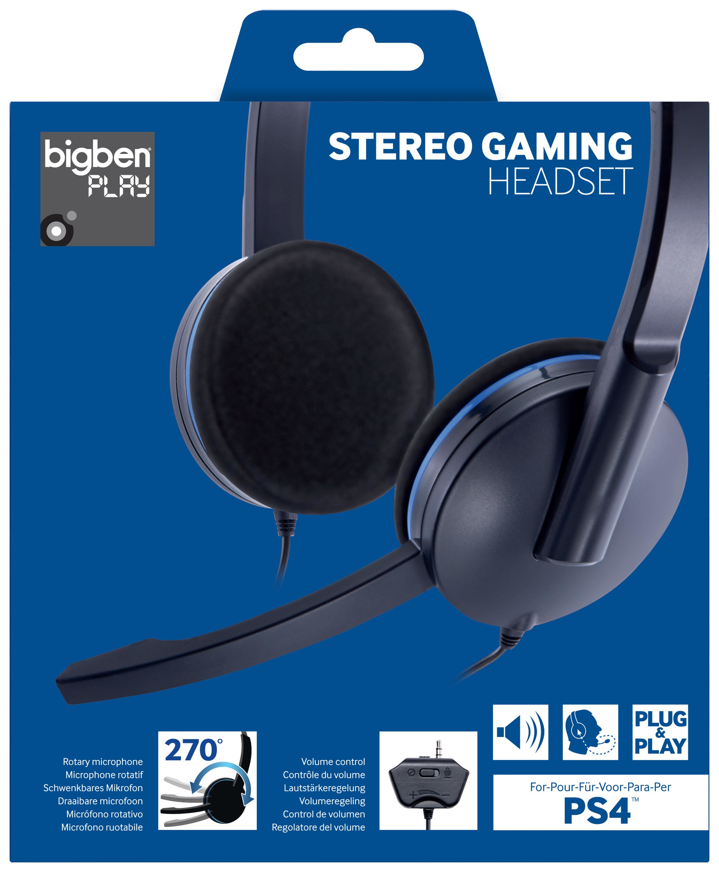 Cuffie stereo gaming nere con microfono, su sfondo blu.