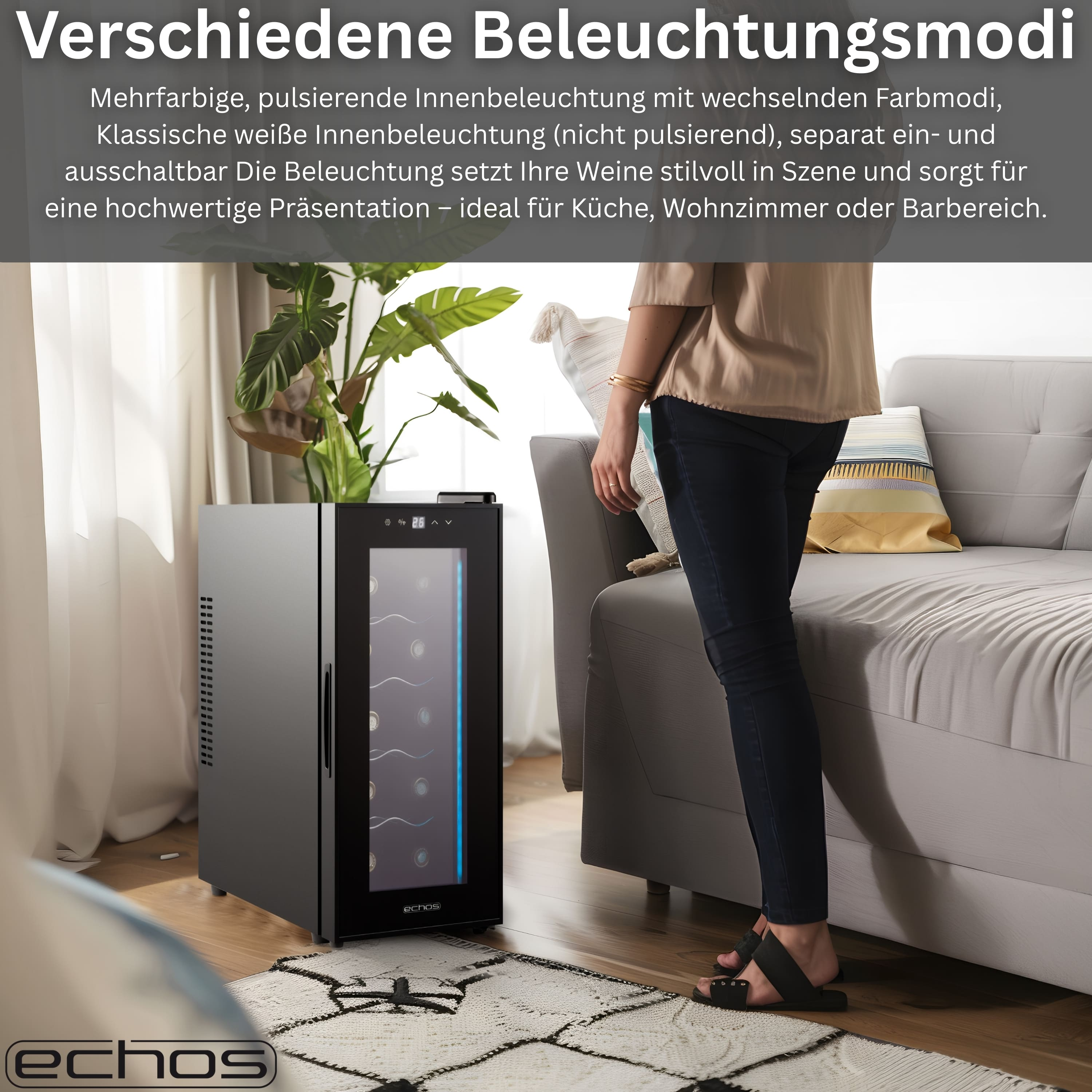 Ein Wein-Kühlschrank mit beleuchtetem Innenraum und einer Person daneben.