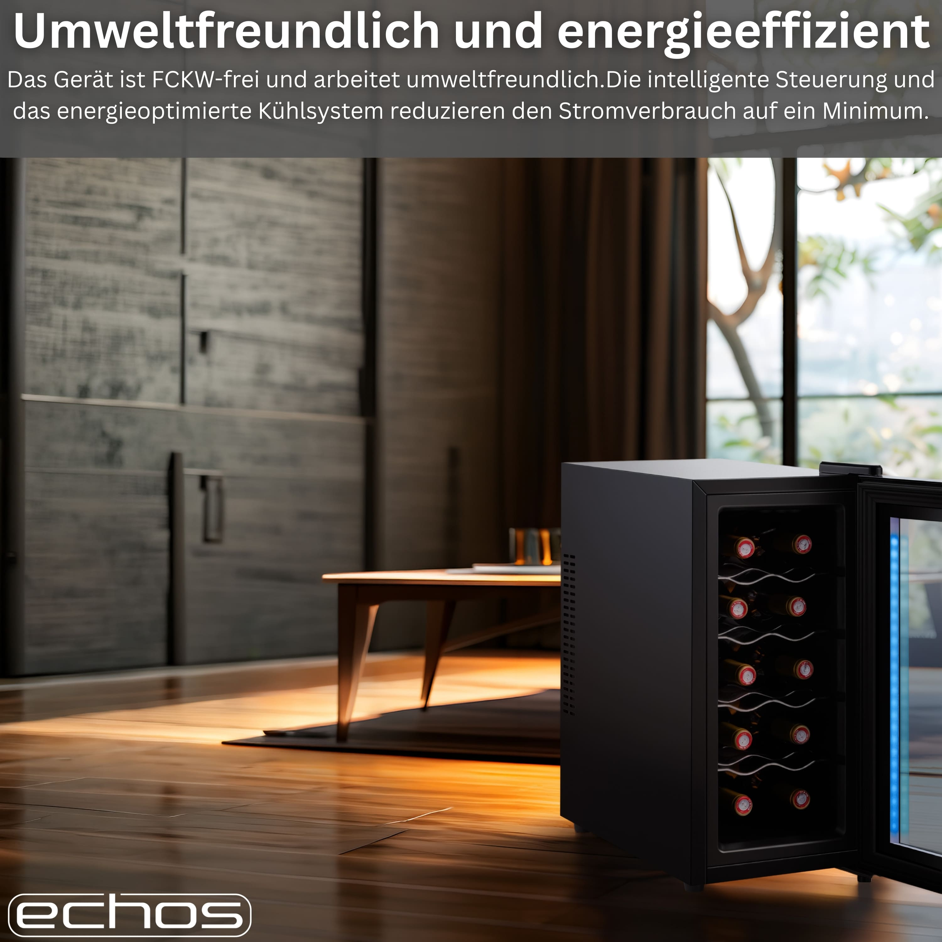 Ein schwarzer Weinkühlschrank steht in einem Raum mit Holzboden und Holzwand.