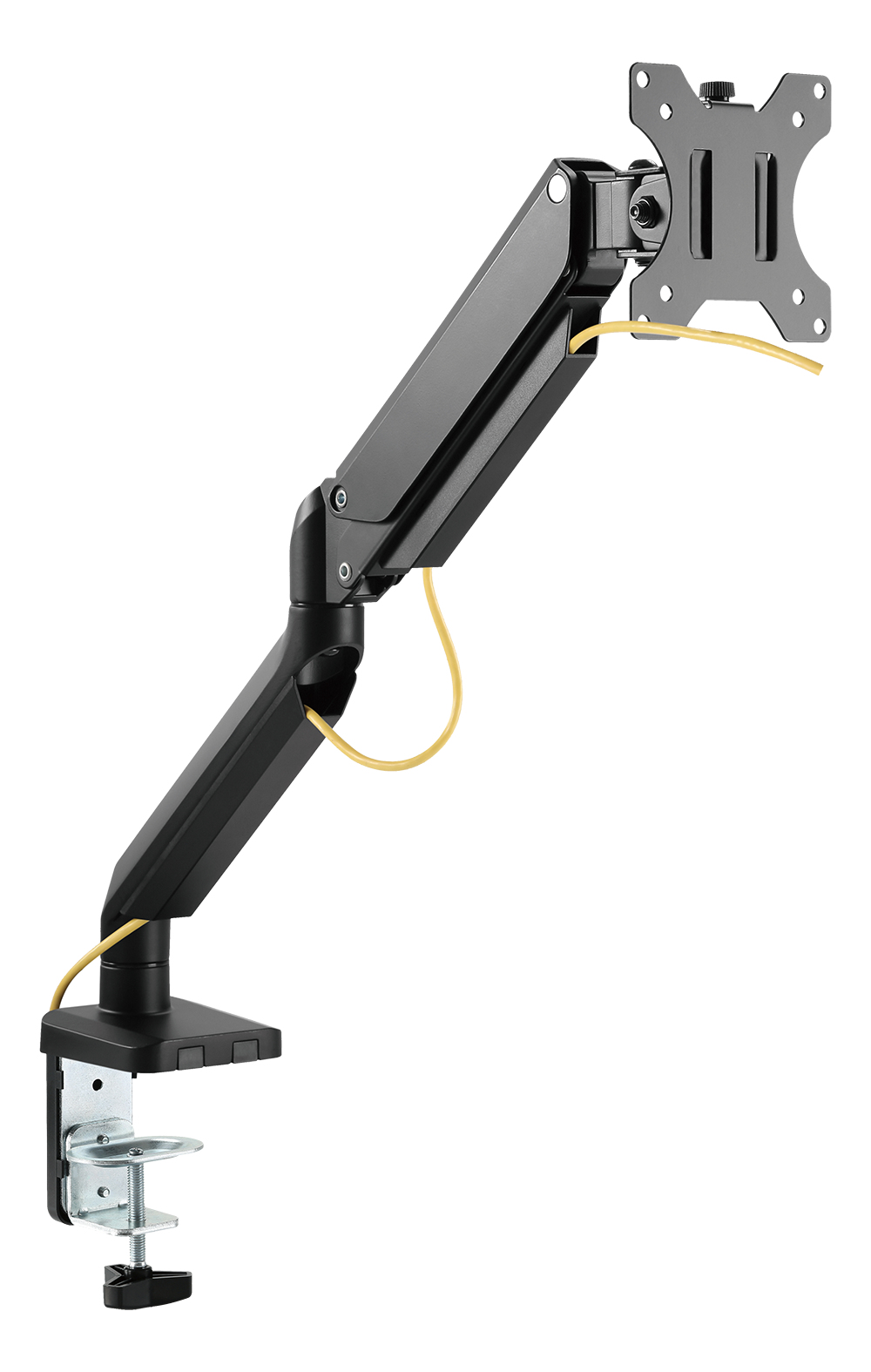 Ein schwarzer Monitorarm mit Klemmfuß und gelbem Kabel.
