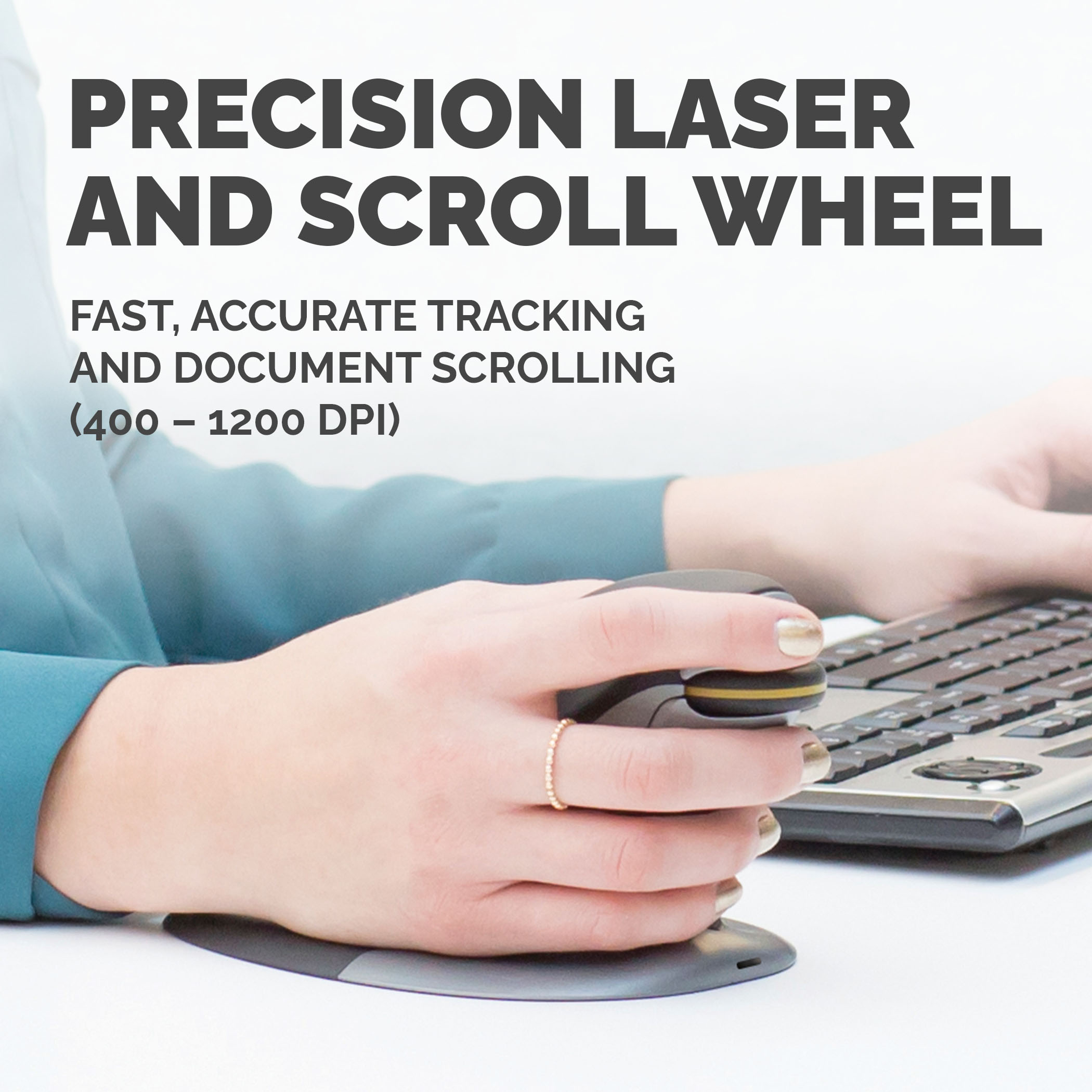 Dłoń używa myszy i klawiatury. Tekst o precyzji i przewijaniu.