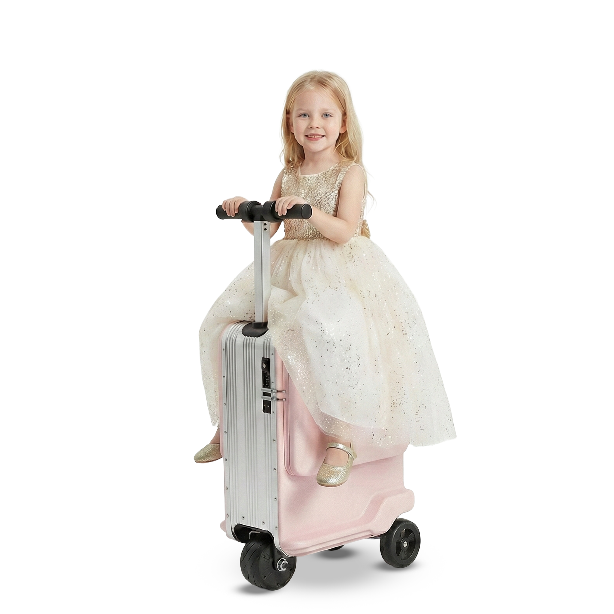 Una bambina con abito scintillante siede su una valigia cavalcabile rosa.