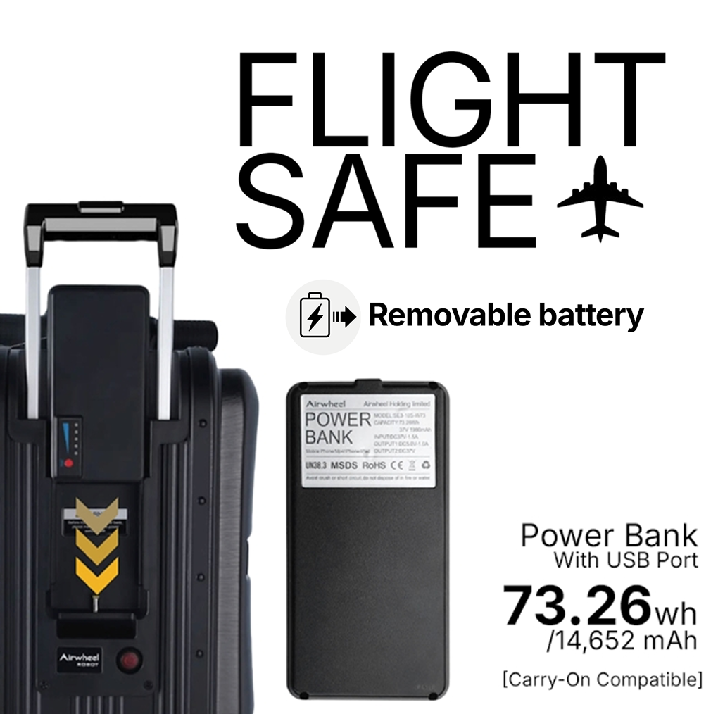 Una valigia nera con manico estraibile accanto a un power bank. 'FLIGHT SAFE'.