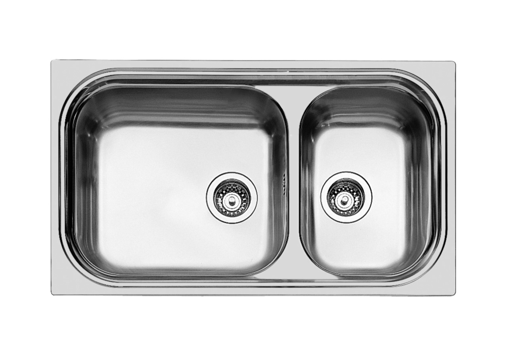 Lavello doppio in acciaio inox con due vasche e filtri.