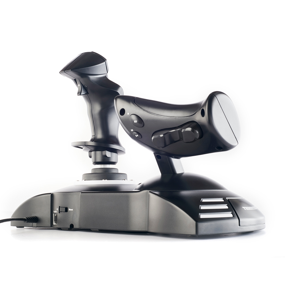 Joystick da gioco nero con impugnatura e base su sfondo bianco.