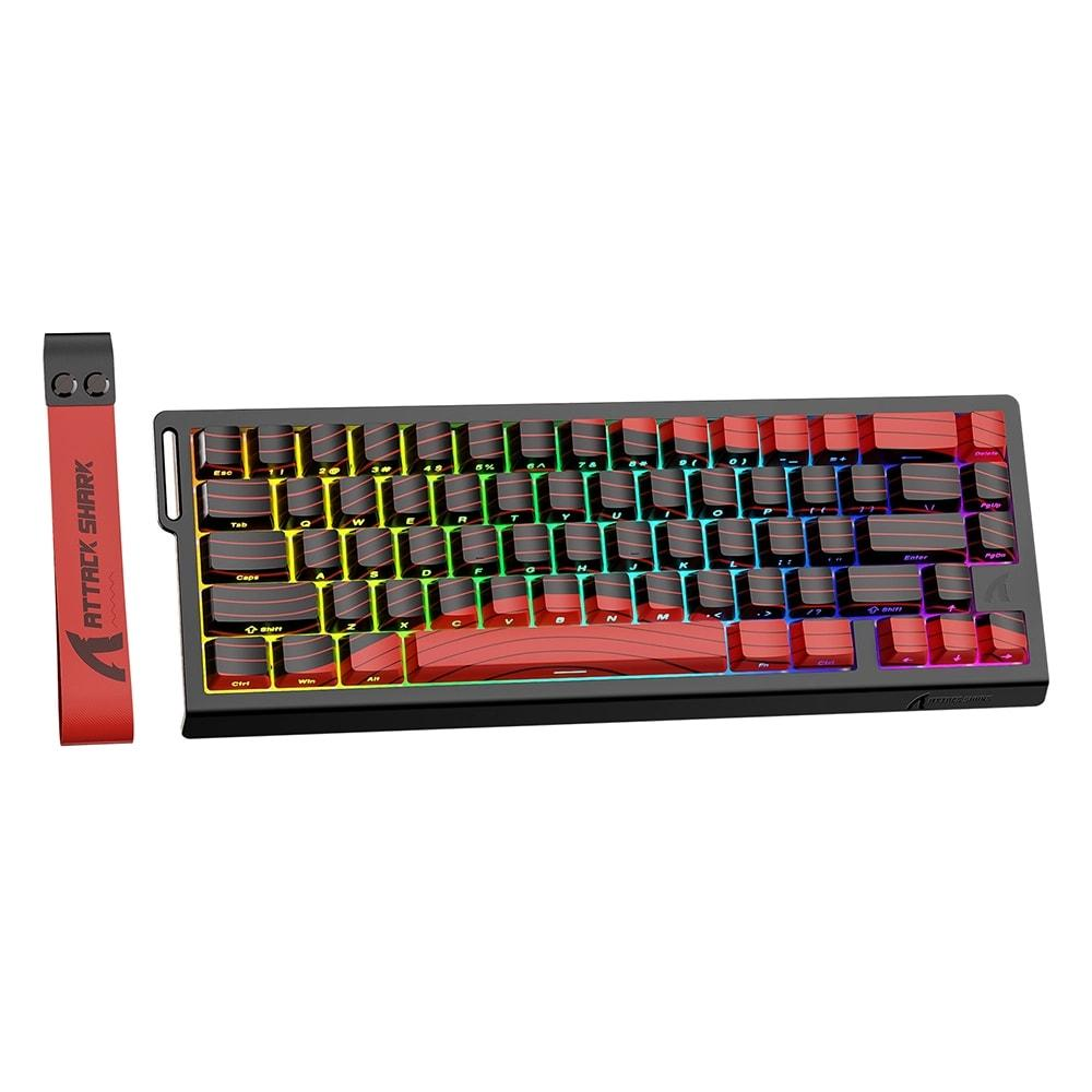 Kırmızı vurgulara ve gökkuşağı RGB aydınlatmaya sahip siyah klavye, kırmızı kordon.