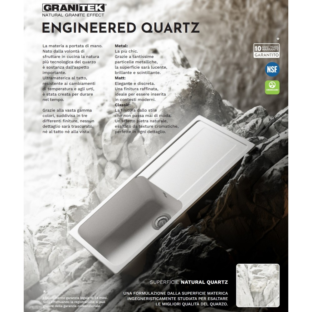 Lavello GranitTek Engineered Quartz in quarzo con varie finiture.