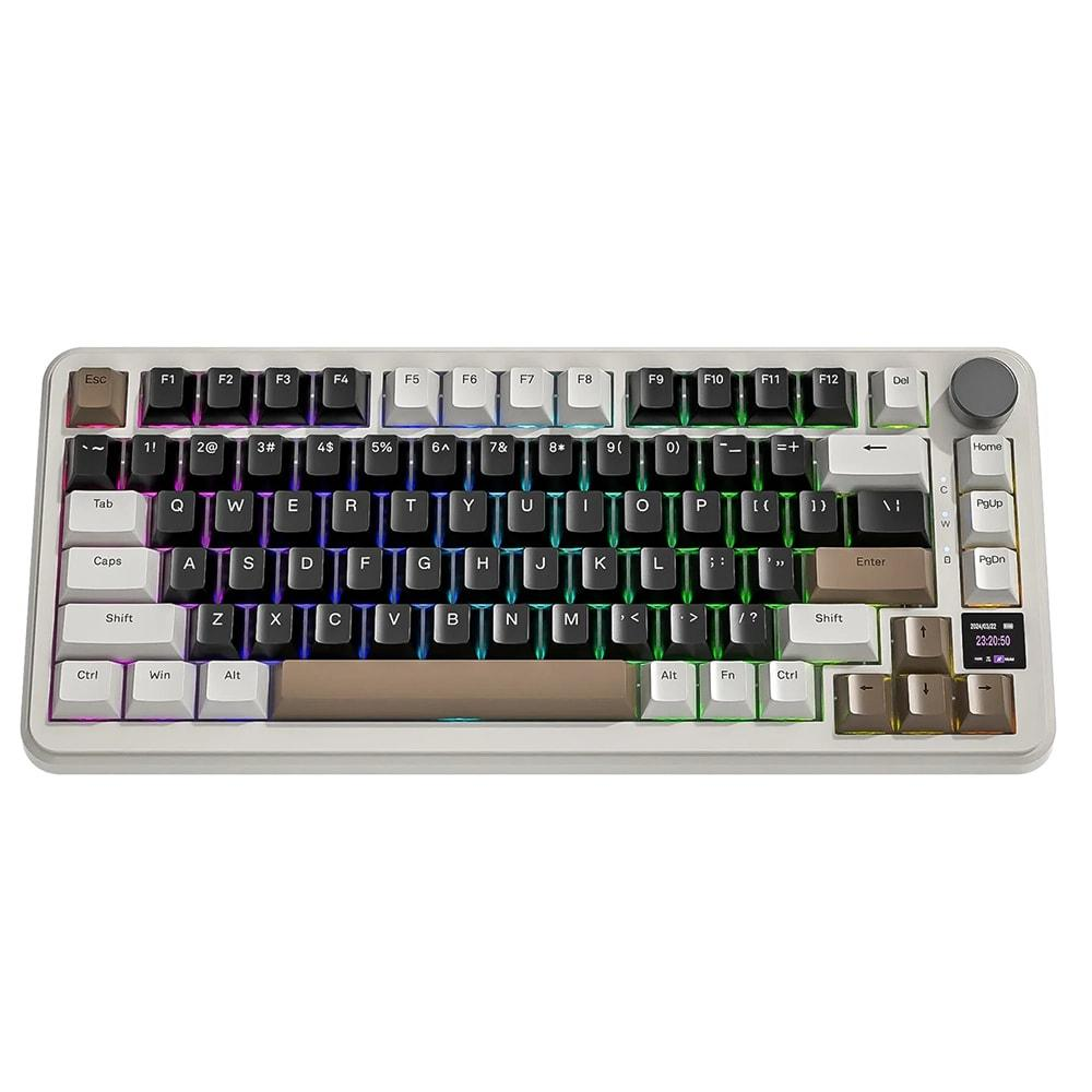 Yan ve ön taraftan görünen RGB aydınlatmalı beyaz mekanik klavye.