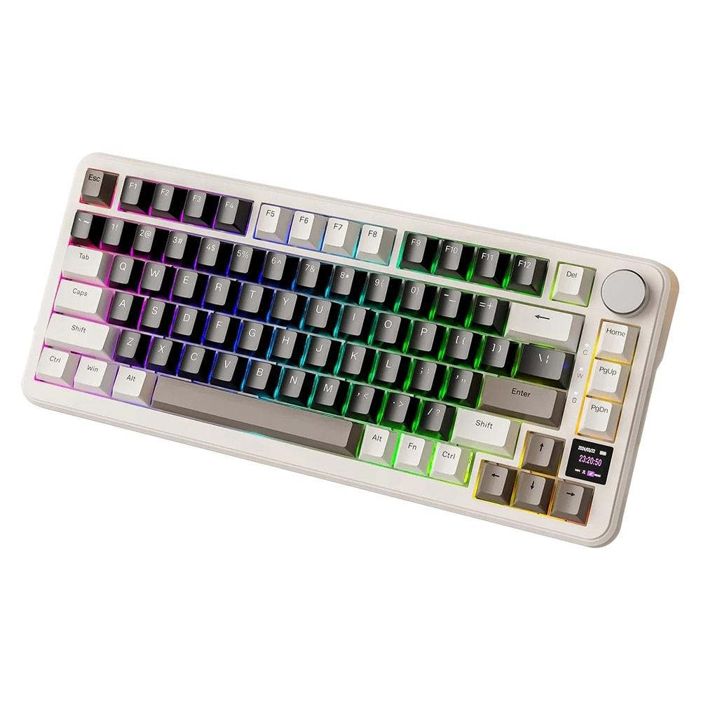 RGB arka aydınlatmalı ve küçük LCD ekranlı beyaz mekanik klavye.