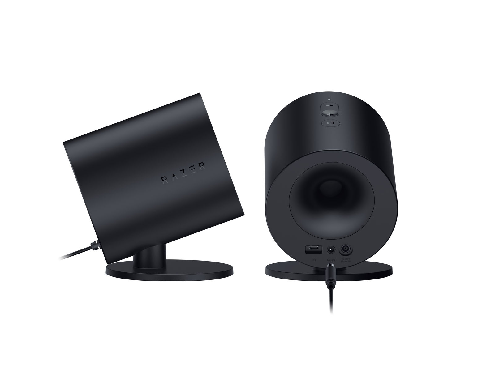 Twee zwarte Razer-luidsprekers, één met logo, de andere met poorten en knoppen.