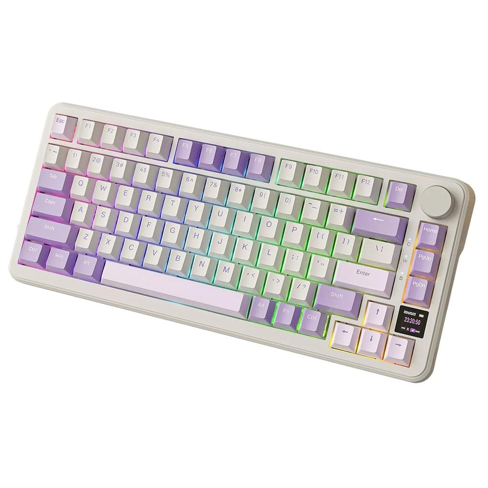Yumuşak renk geçişleri gösteren RGB aydınlatmalı beyaz mekanik klavye.