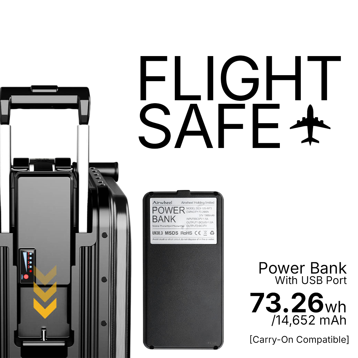 Testo 'Flight safe' con power bank, valigia e icona aereo.