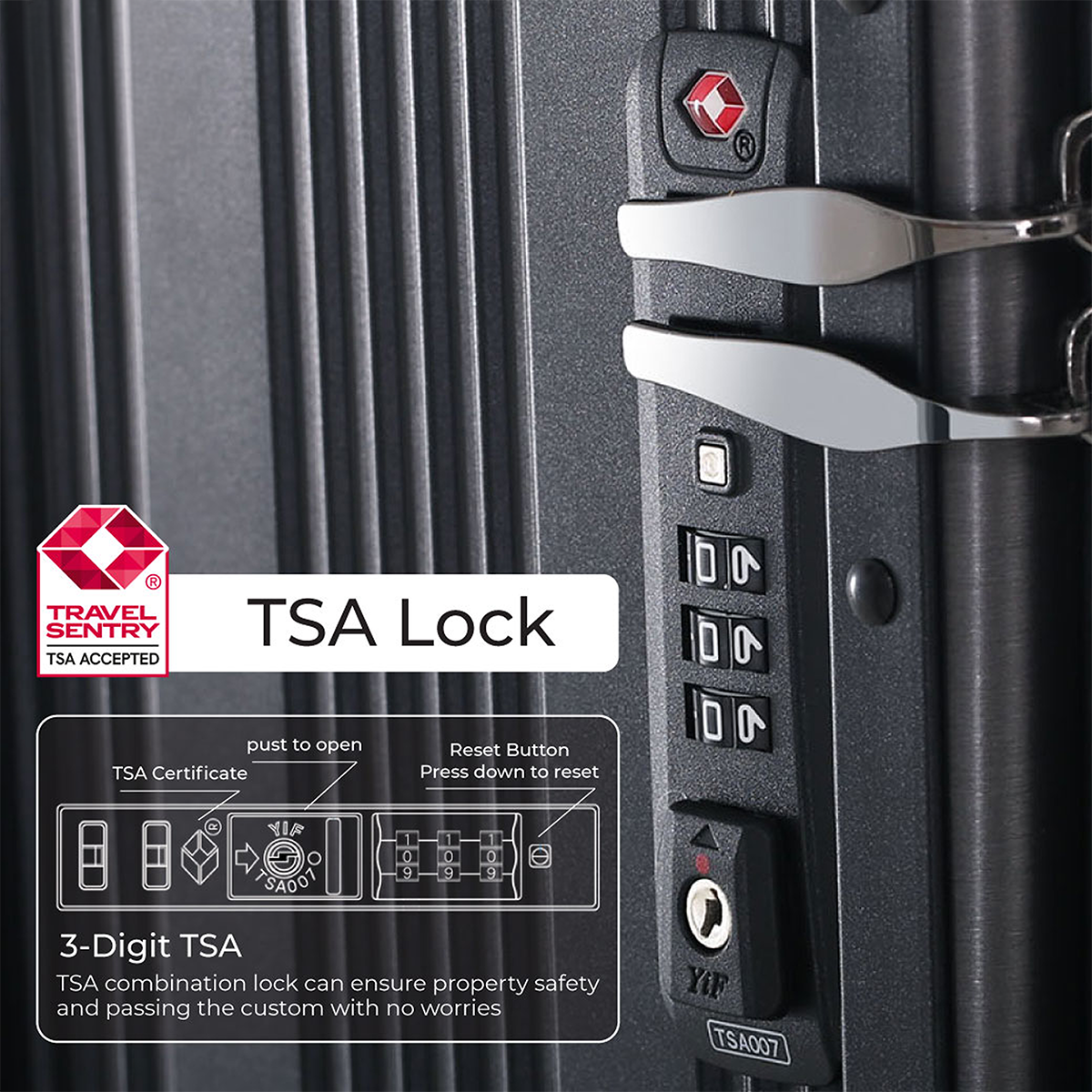 Primo piano di una serratura TSA con quadranti numerici e logo TSA.