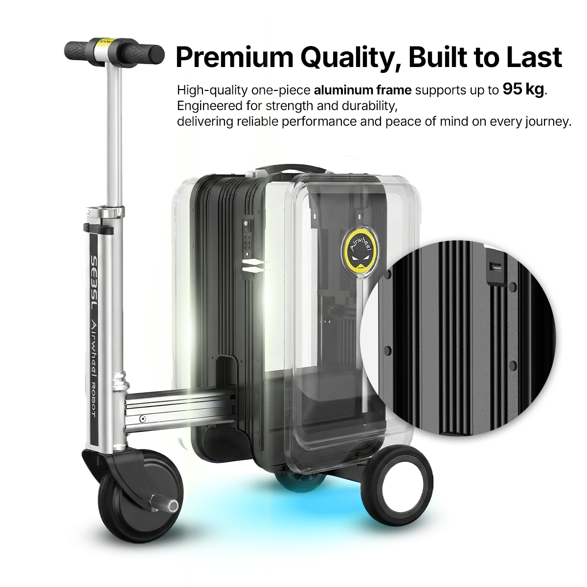 Uno scooter-valigia argentato con valigia nera e logo "Airwheel".