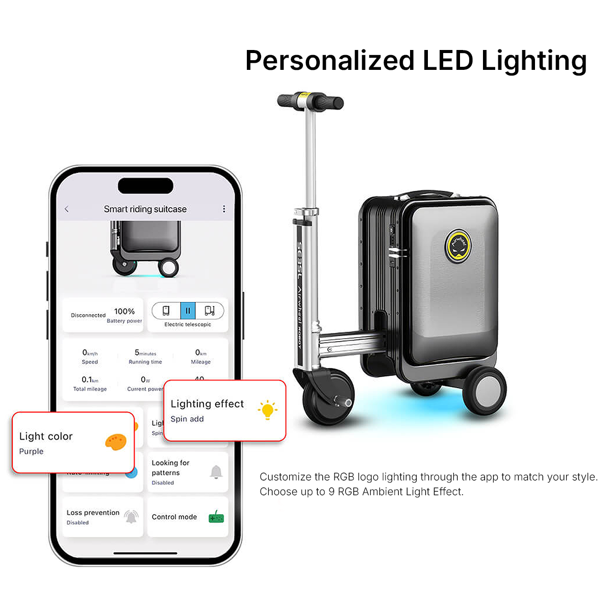 Una valigia scooter elettrica argentata con controllo app e logo illuminato.