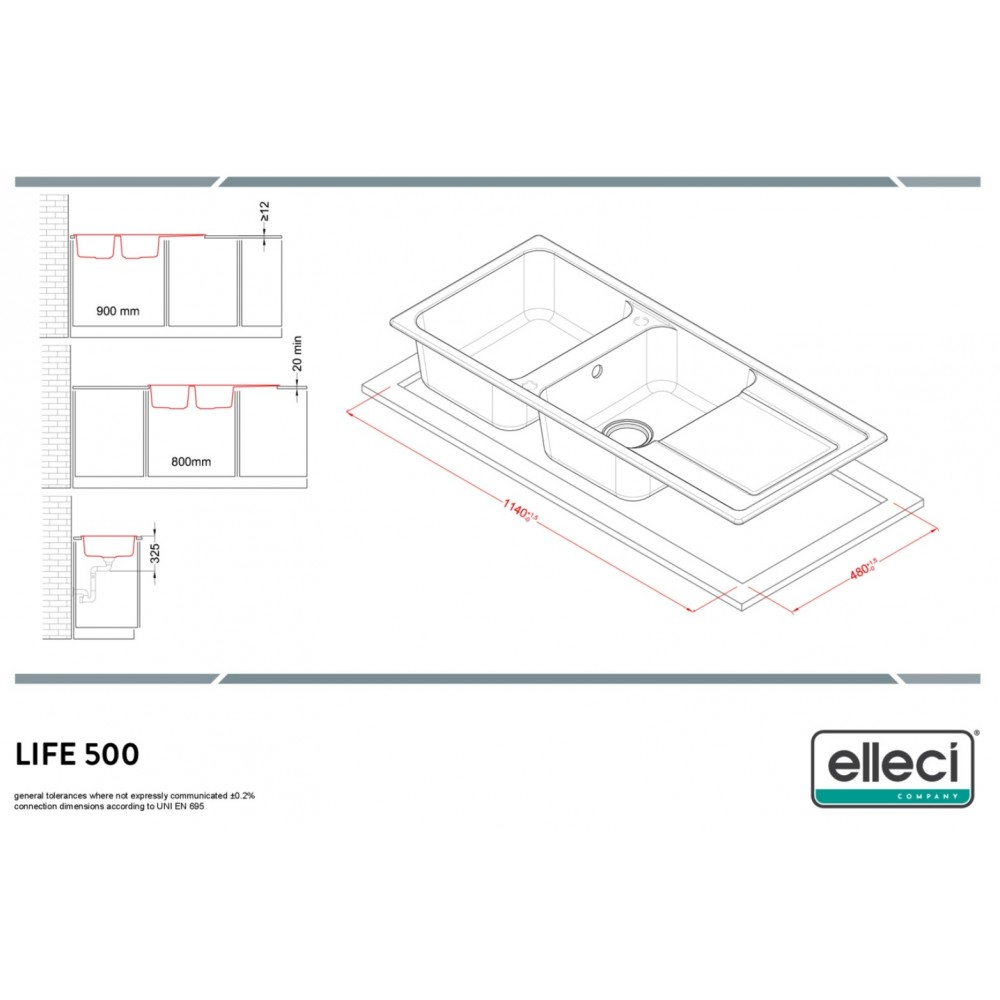 Disegno tecnico di un lavello a due vasche con dimensioni.