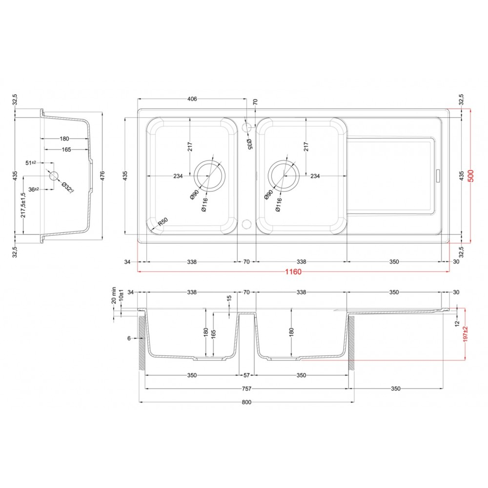 Disegno tecnico di un lavello doppio con dimensioni e viste.