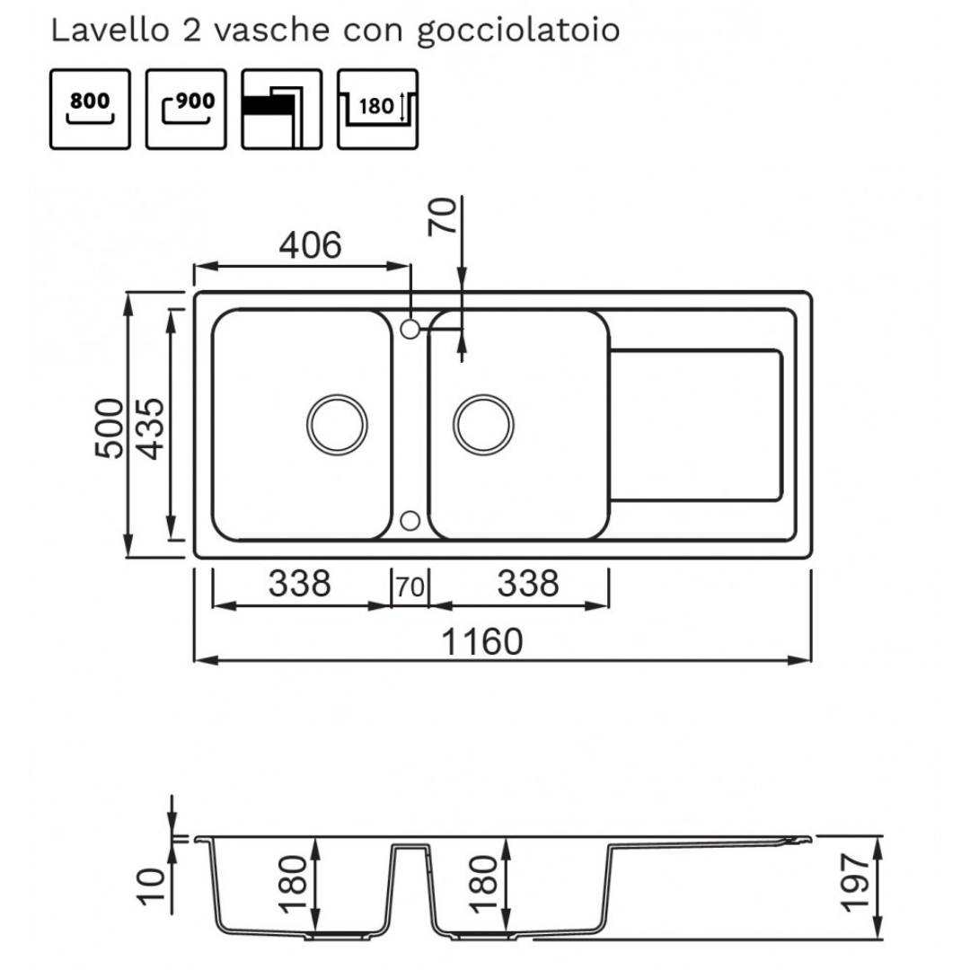 Disegno tecnico di un lavello doppio con gocciolatoio e misure.