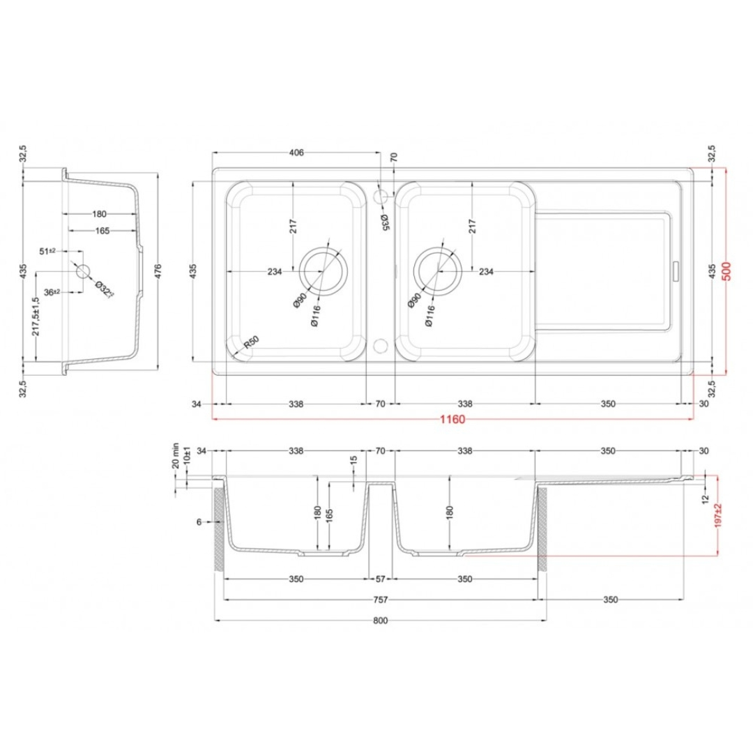 Disegno tecnico di un doppio lavello con dimensioni e viste dettagliate.