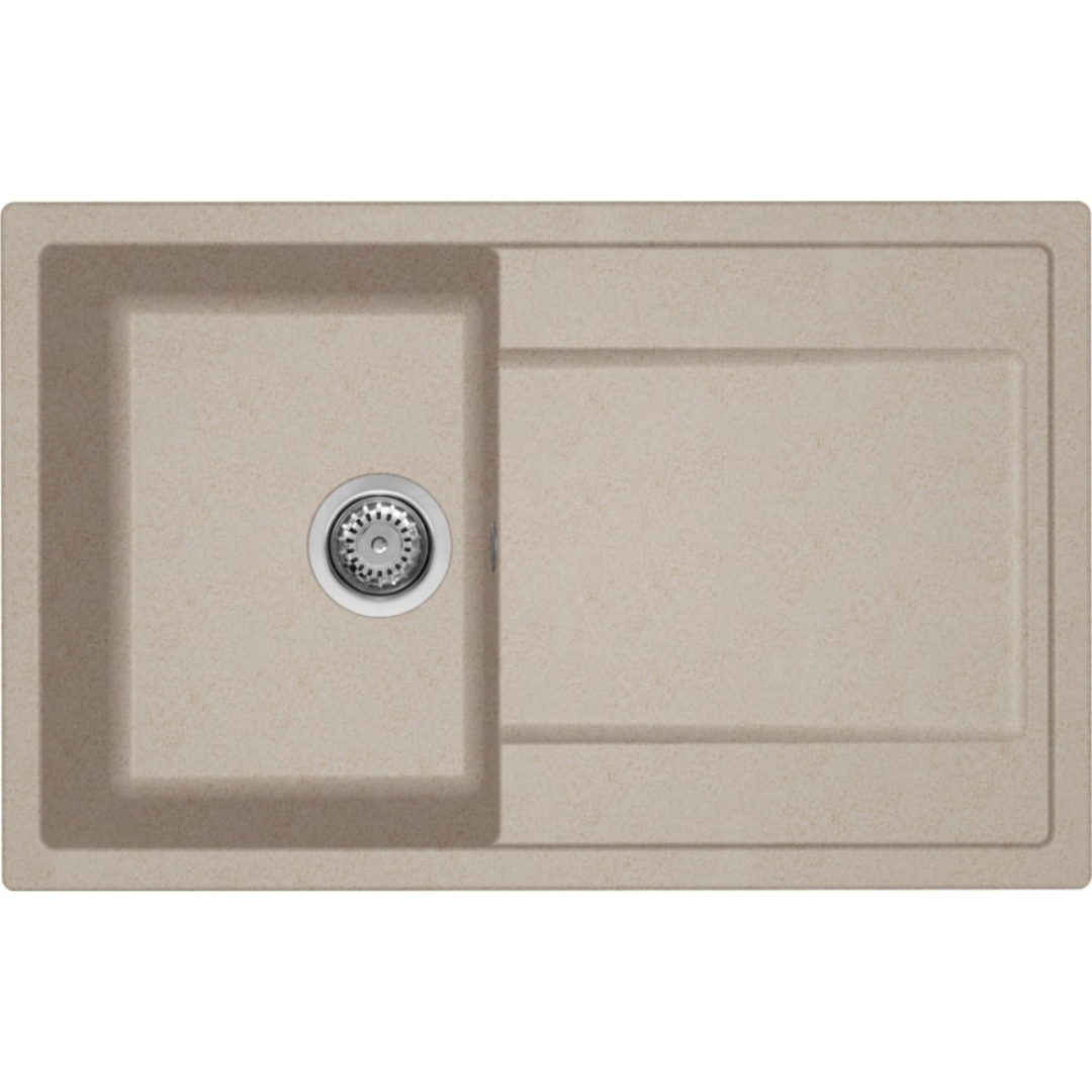 Lavello beige con area di scolo e scarico in metallo.
