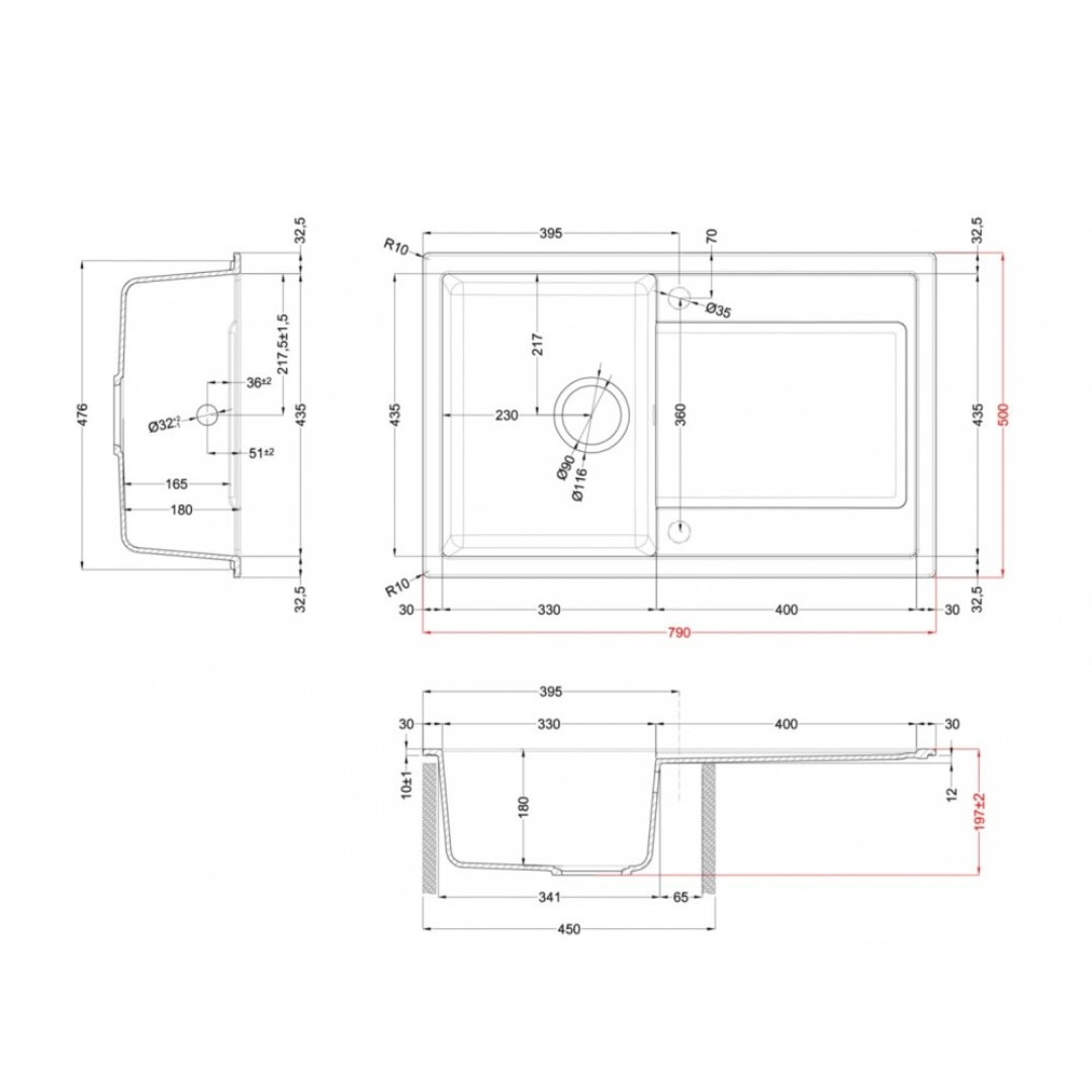 Disegno tecnico di un lavello con dimensioni e viste.