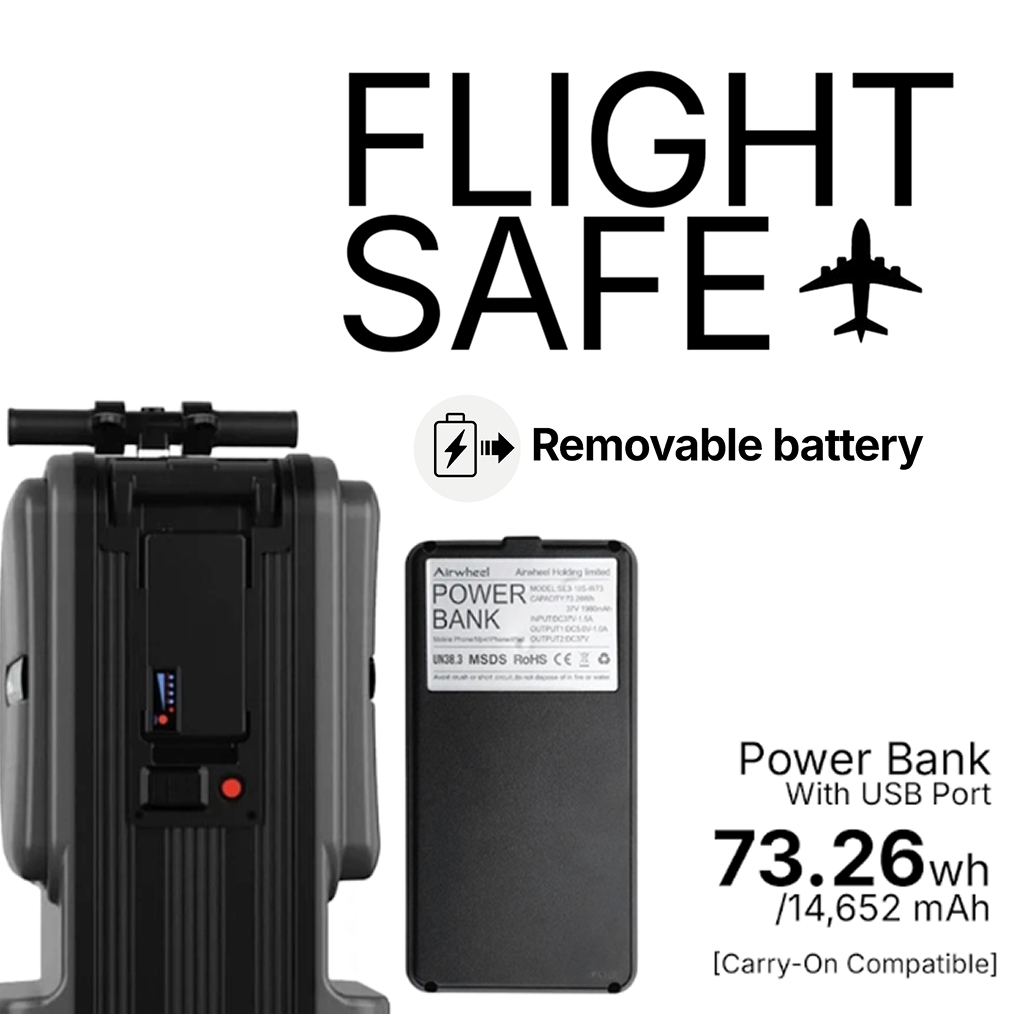 Power bank Flight Safe con porta USB, 73,26Wh, 14652mAh, batteria rimovibile.