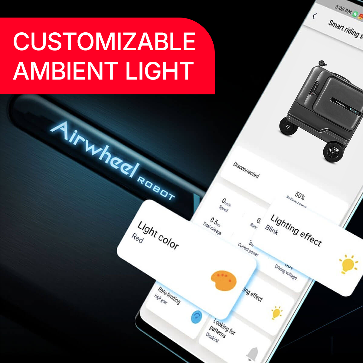 Controllo app per bagagli Airwheel con colore luce ed effetti luminosi.