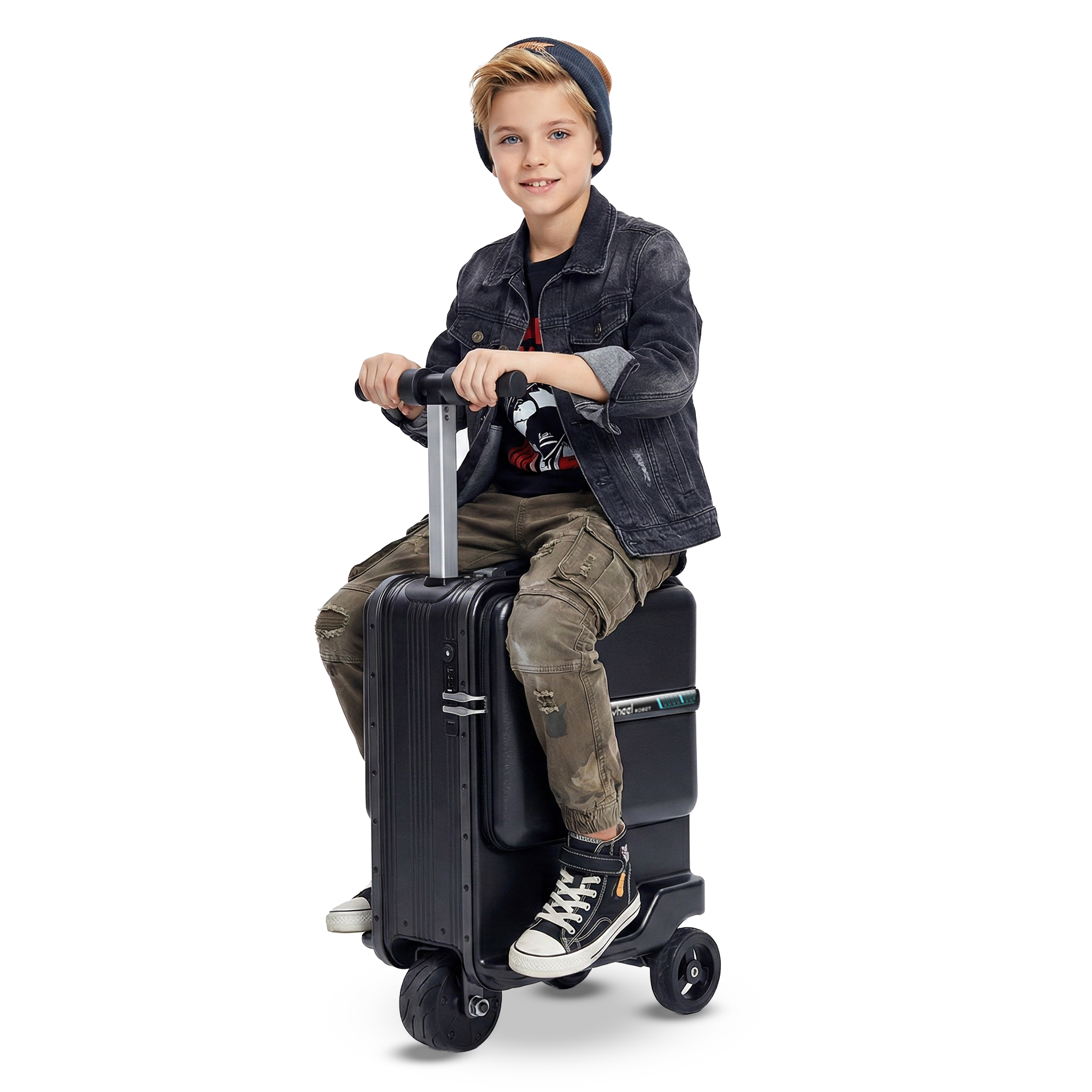 Un ragazzo siede su una valigia-scooter nera, tenendo il manubrio.