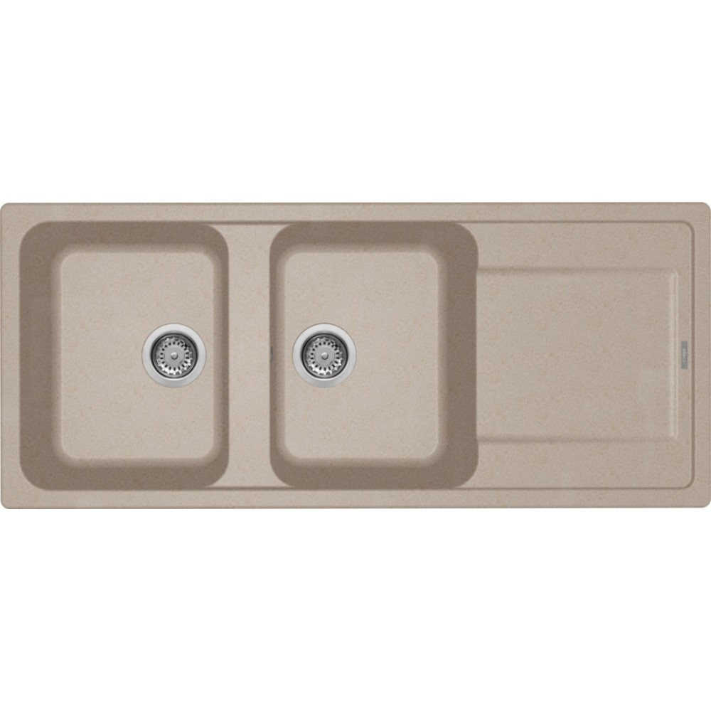 Un lavello doppio beige con scolapiatti e scarichi argentati.