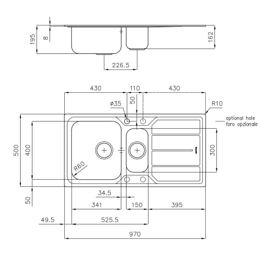 Disegno tecnico di un lavello doppio con dimensioni e dettagli.