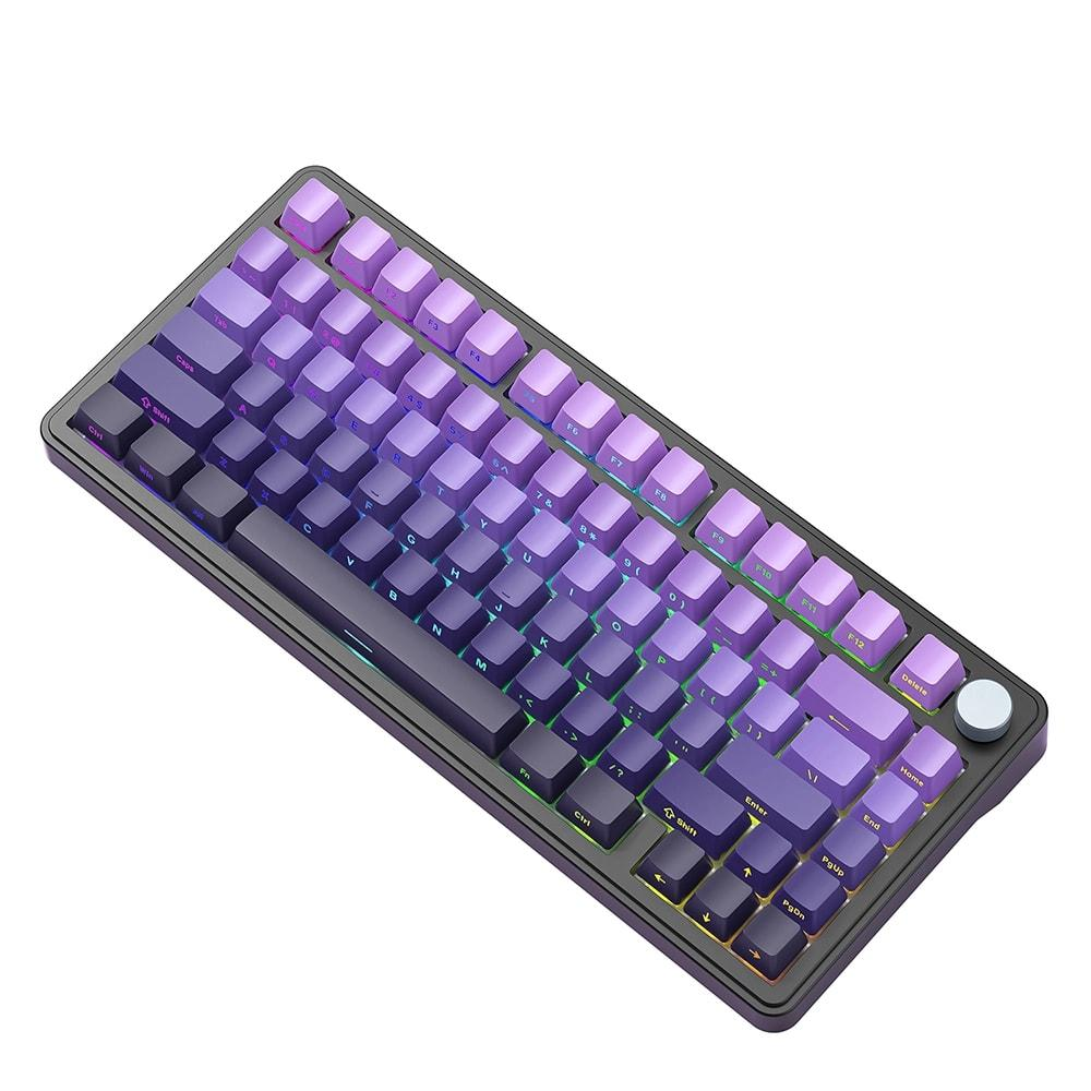 Mor gradyan tuş başlıkları ve RGB aydınlatmalı siyah mekanik klavye.