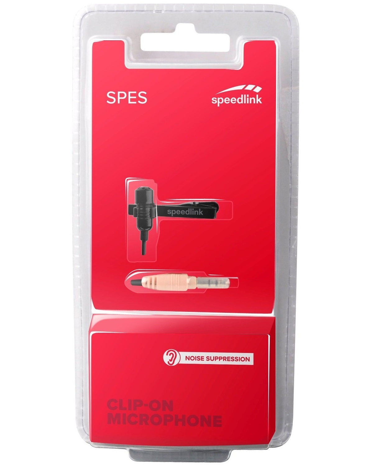 Verpackung eines schwarzen Ansteckmikrofons mit silbernem Stecker und „Noise Suppression“.