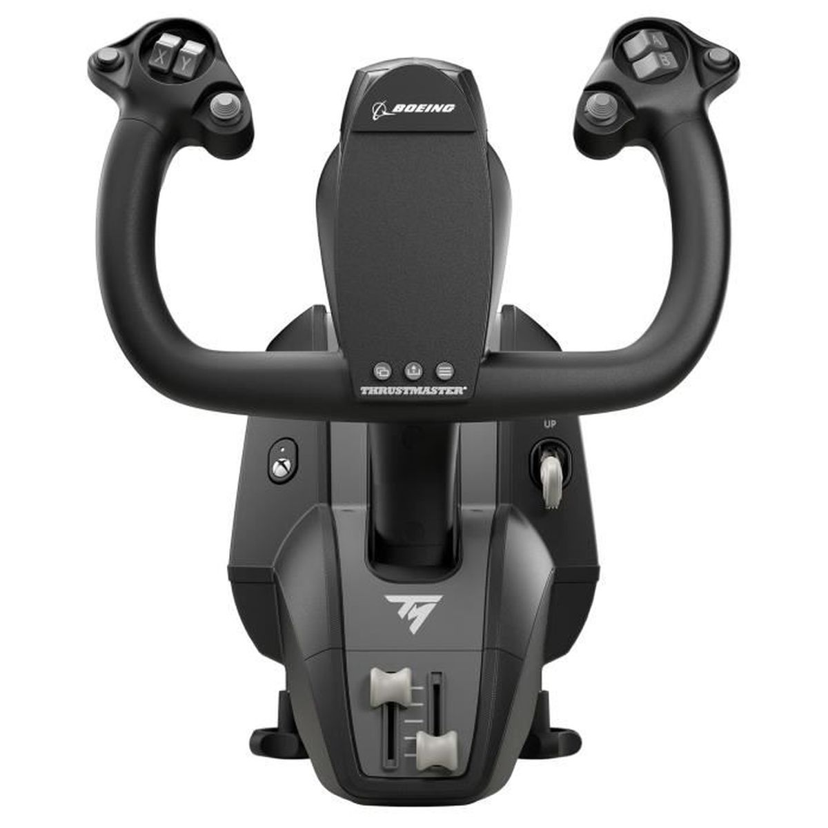 Black flight simulator joystick featuring Boeing logo and controls.