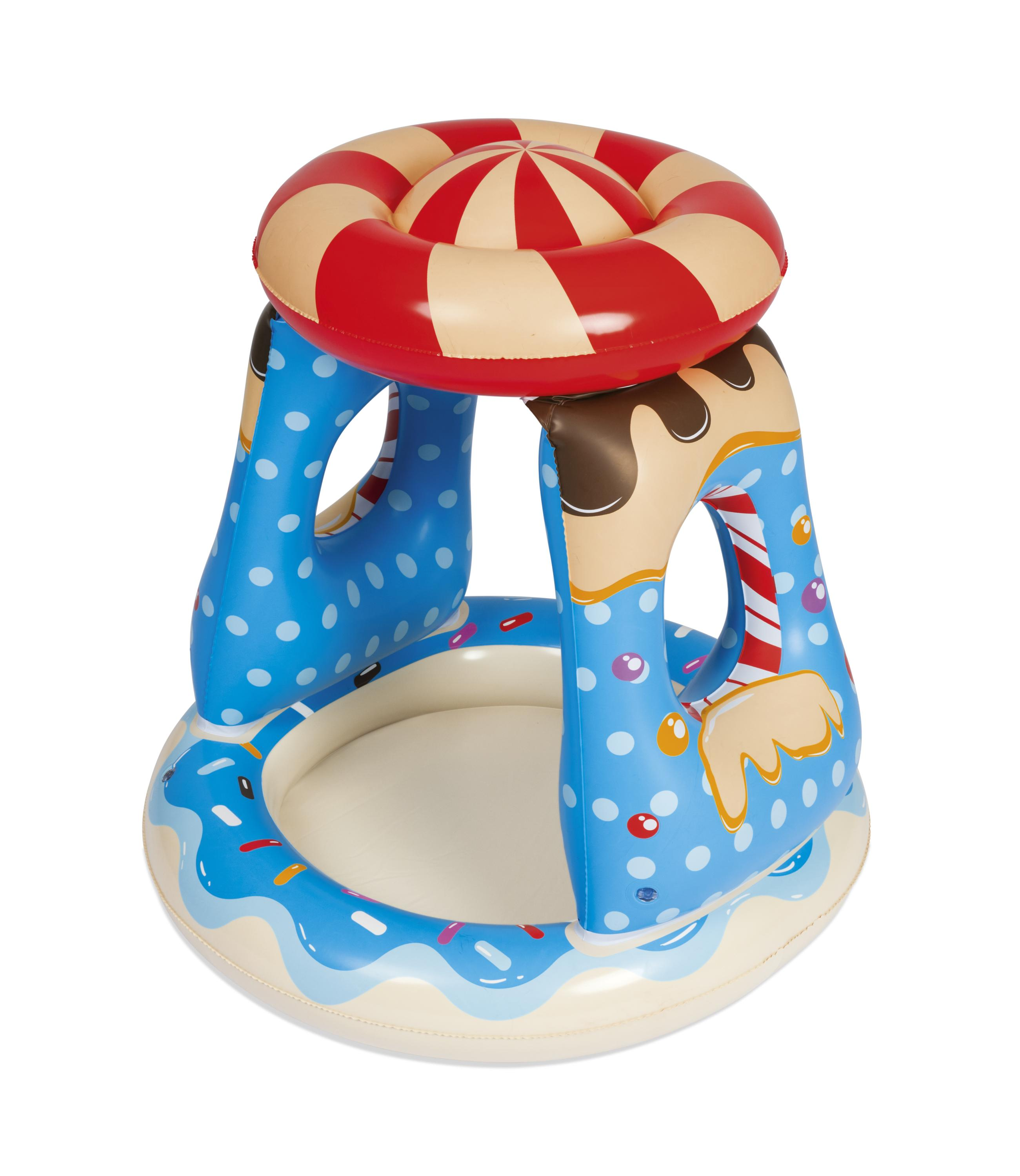 Een opblaasbare kinderstoel met ijs- en donutontwerp in blauw en wit.