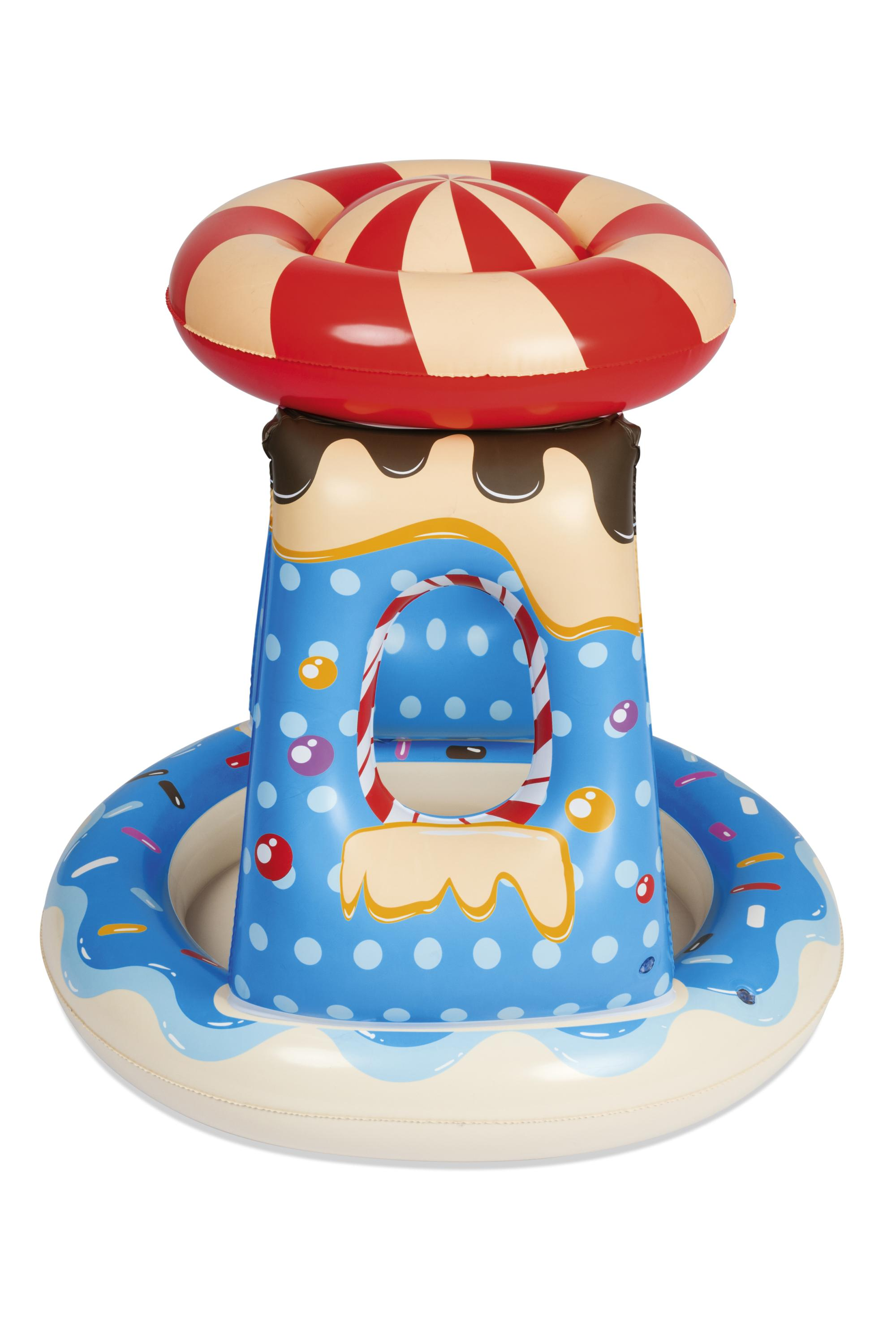 Een opblaasbaar taartvormig speelgoed met een donut zwemband.