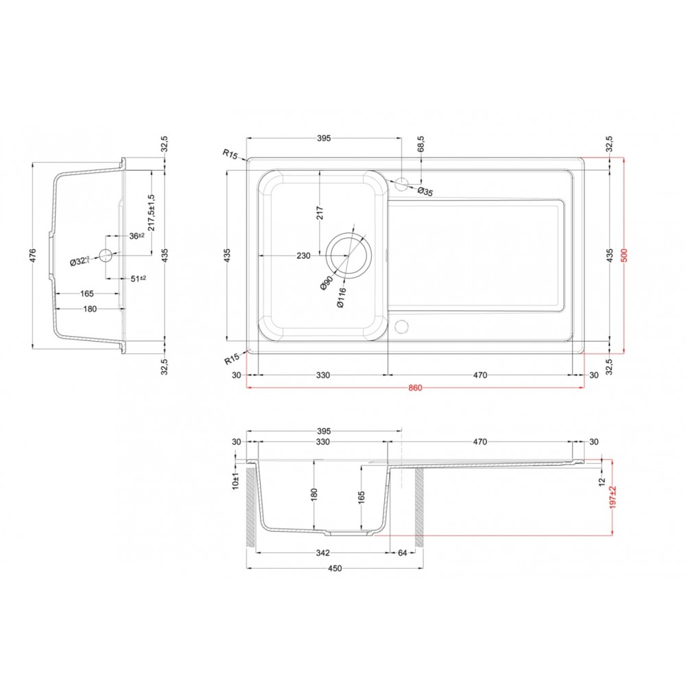 Disegno tecnico di un lavello con dimensioni e viste.