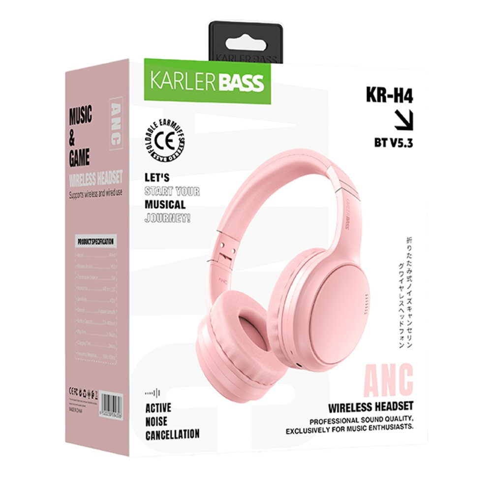 ANC ve Bluetooth 5.3 özellikli pembe bir KARLER BASS kulaklık paketi.