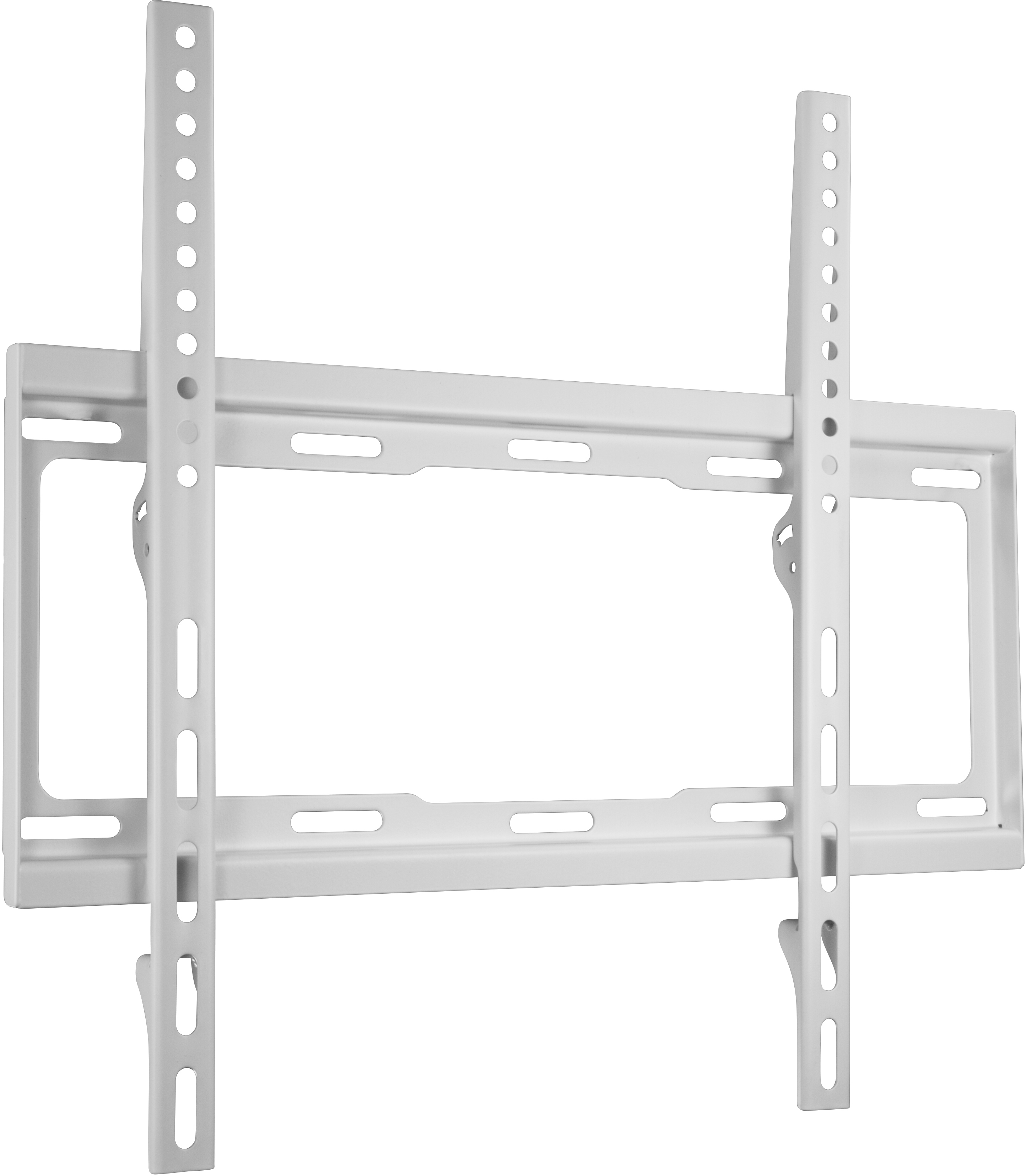 Ein weißer, verstellbarer TV-Wandhalter mit horizontalen und vertikalen Schlitzen.