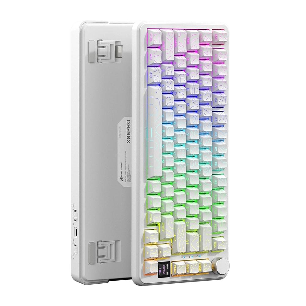 RGB aydınlatmalı beyaz mekanik klavye, X85PRO modeli. Ön ve arka yüzü gösteriliyor.