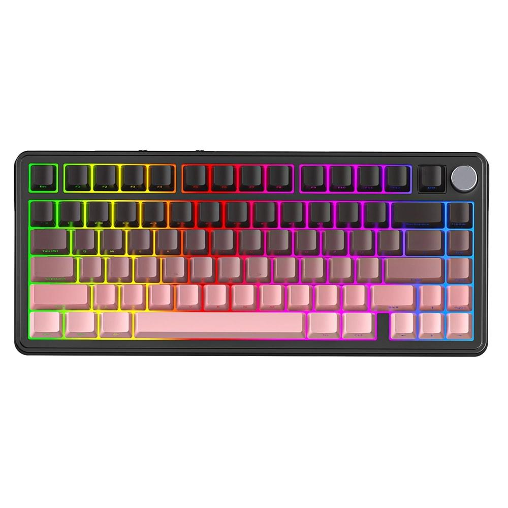 Pembe ve RGB arka aydınlatmalı tuşlara sahip siyah mekanik klavye.