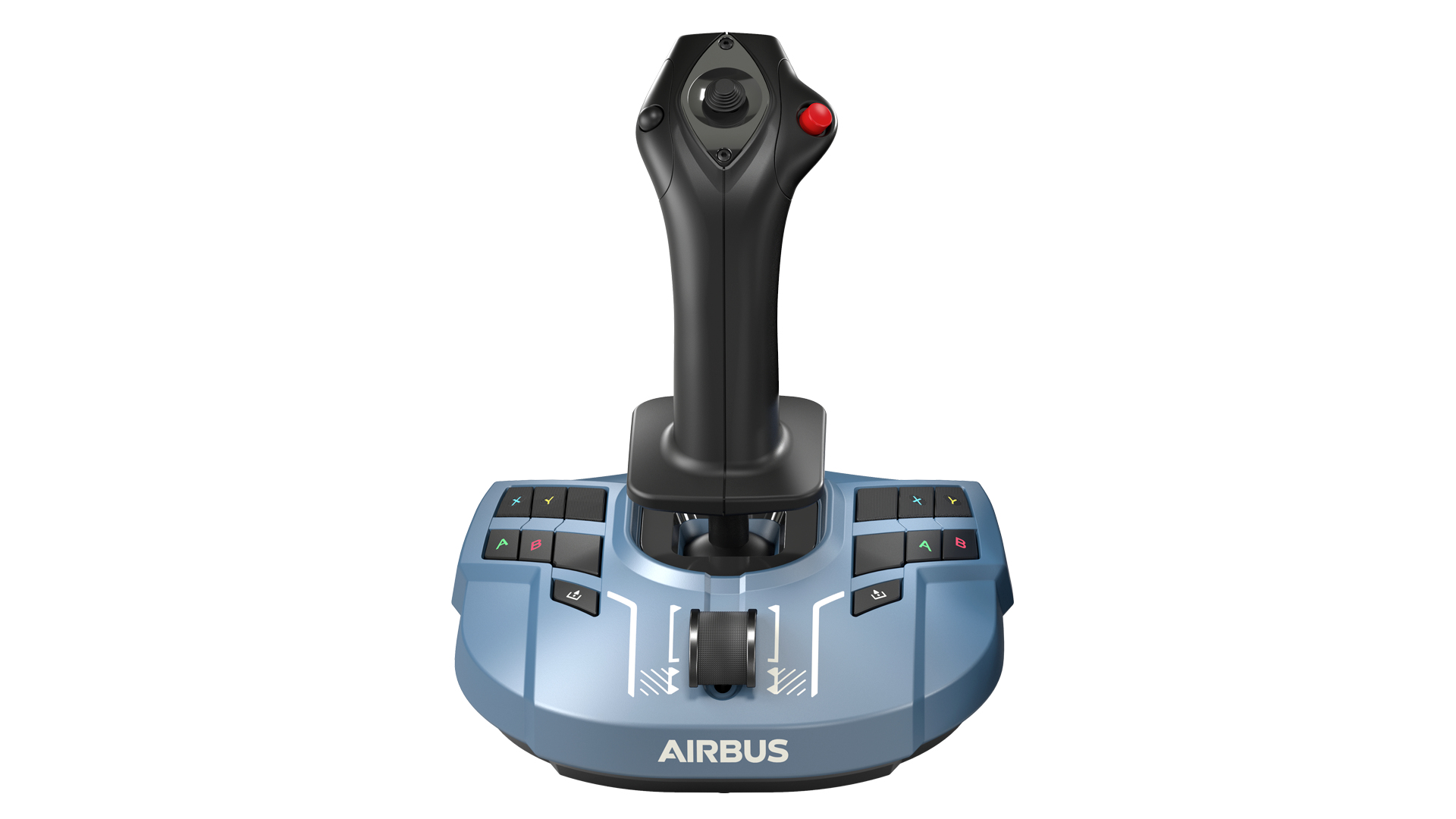Niebieski joystick symulatora lotu Airbus z czarnymi przyciskami i pokrętłem.