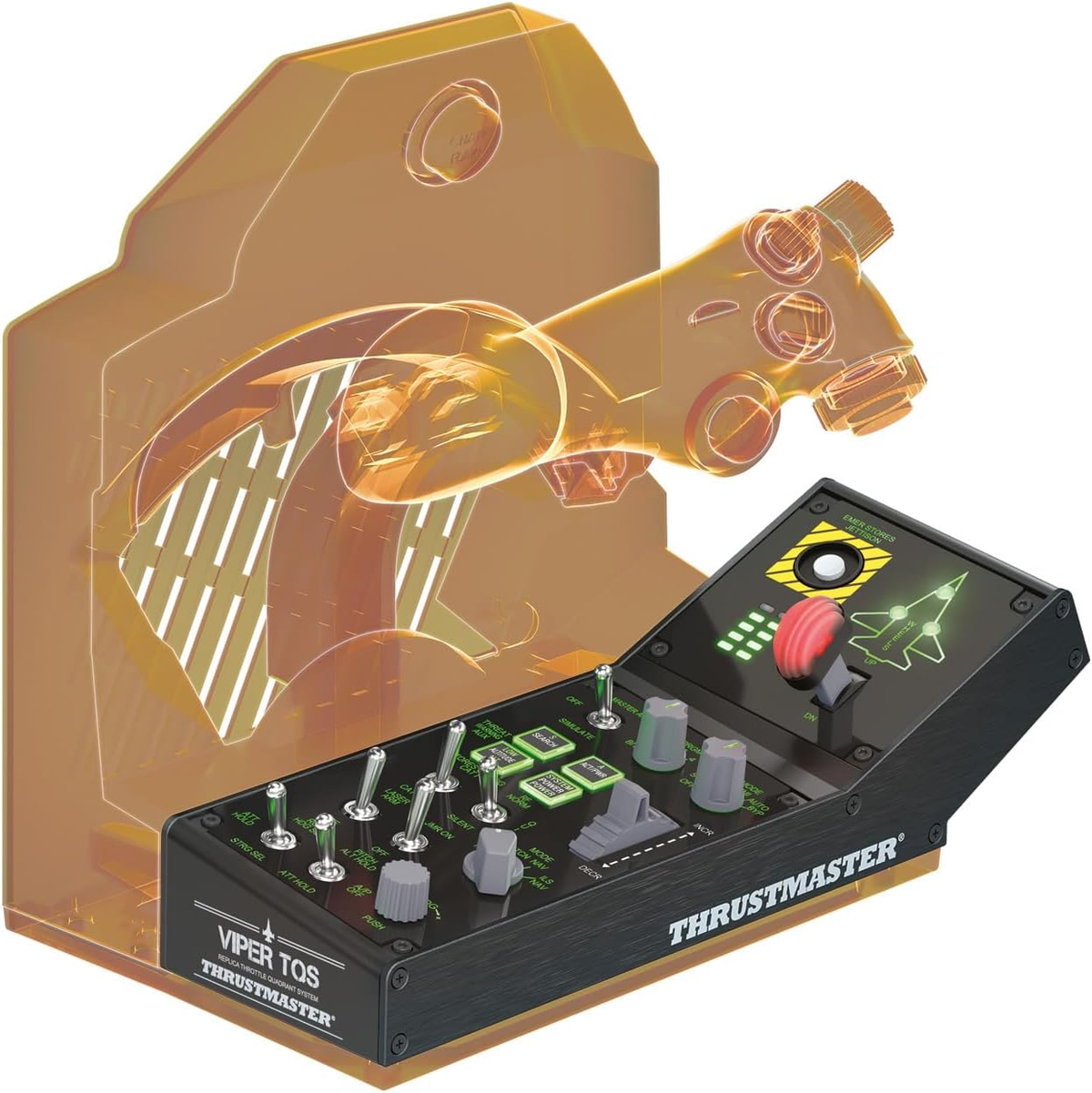 Czarny system sterowania lotem z przełącznikami, pokrętłami i przezroczystą żółtą nakładką.