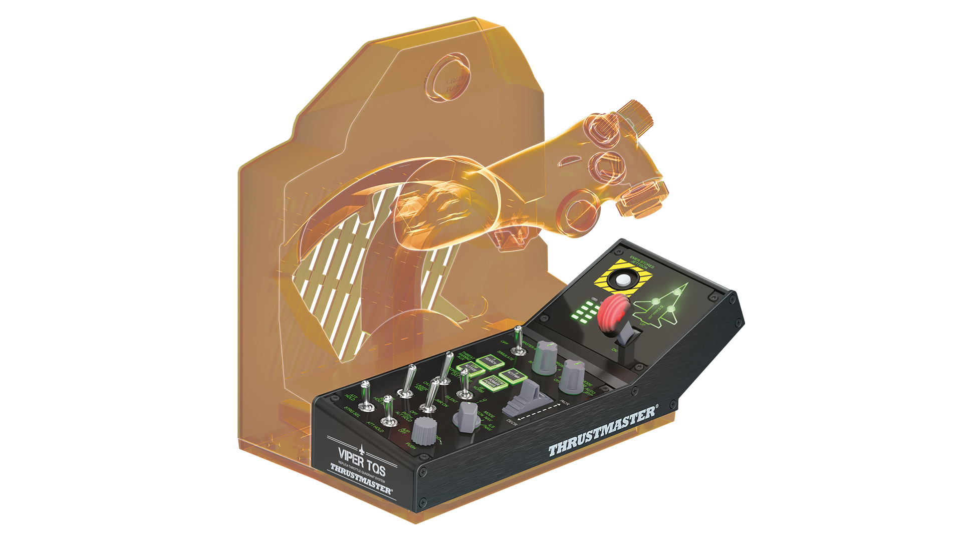 Dopalacz symulatora lotu z przełącznikami, gałkami i przezroczystą pomarańczową ramą kokpitu.