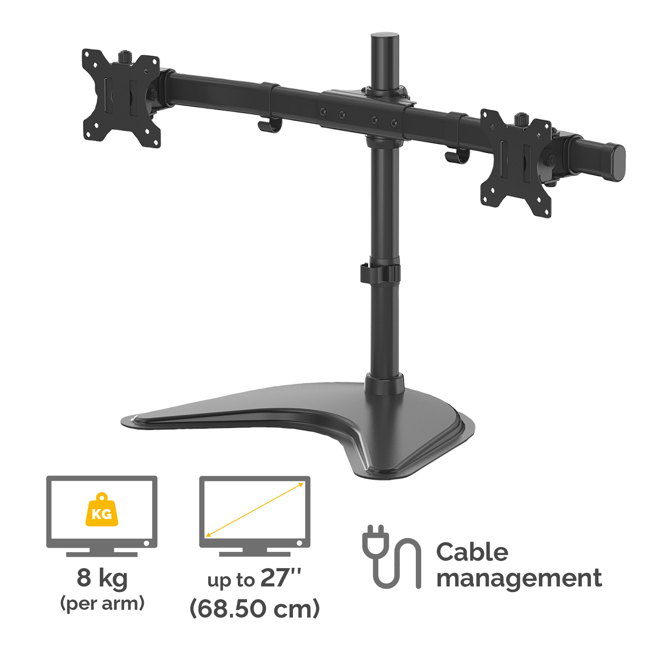 Zwarte dubbele monitorstandaard met zilveren voet, 8 kg per arm.