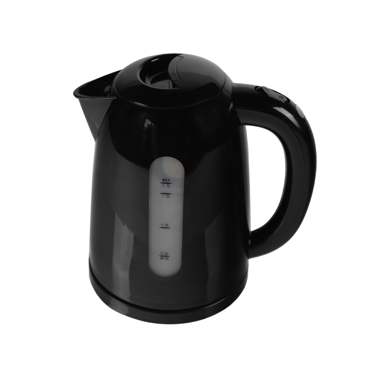 Czajnik elektryczny czarny ze wskaźnikiem poziomu wody na czarnym tle.