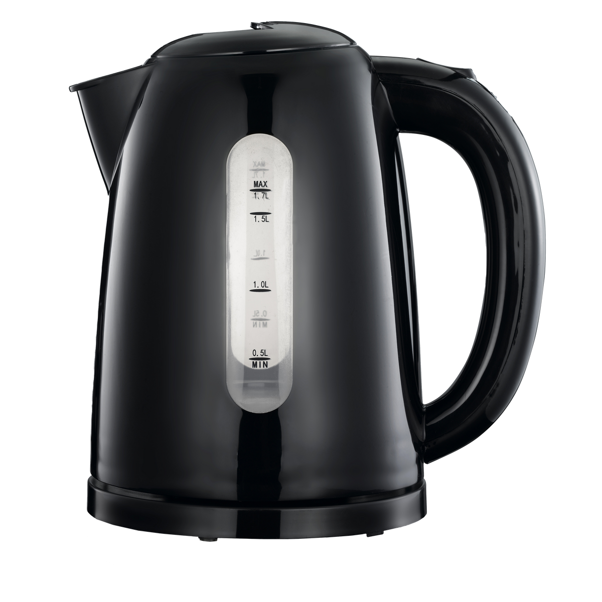 Błyszczący czarny czajnik elektryczny z przezroczystym wskaźnikiem poziomu wody.